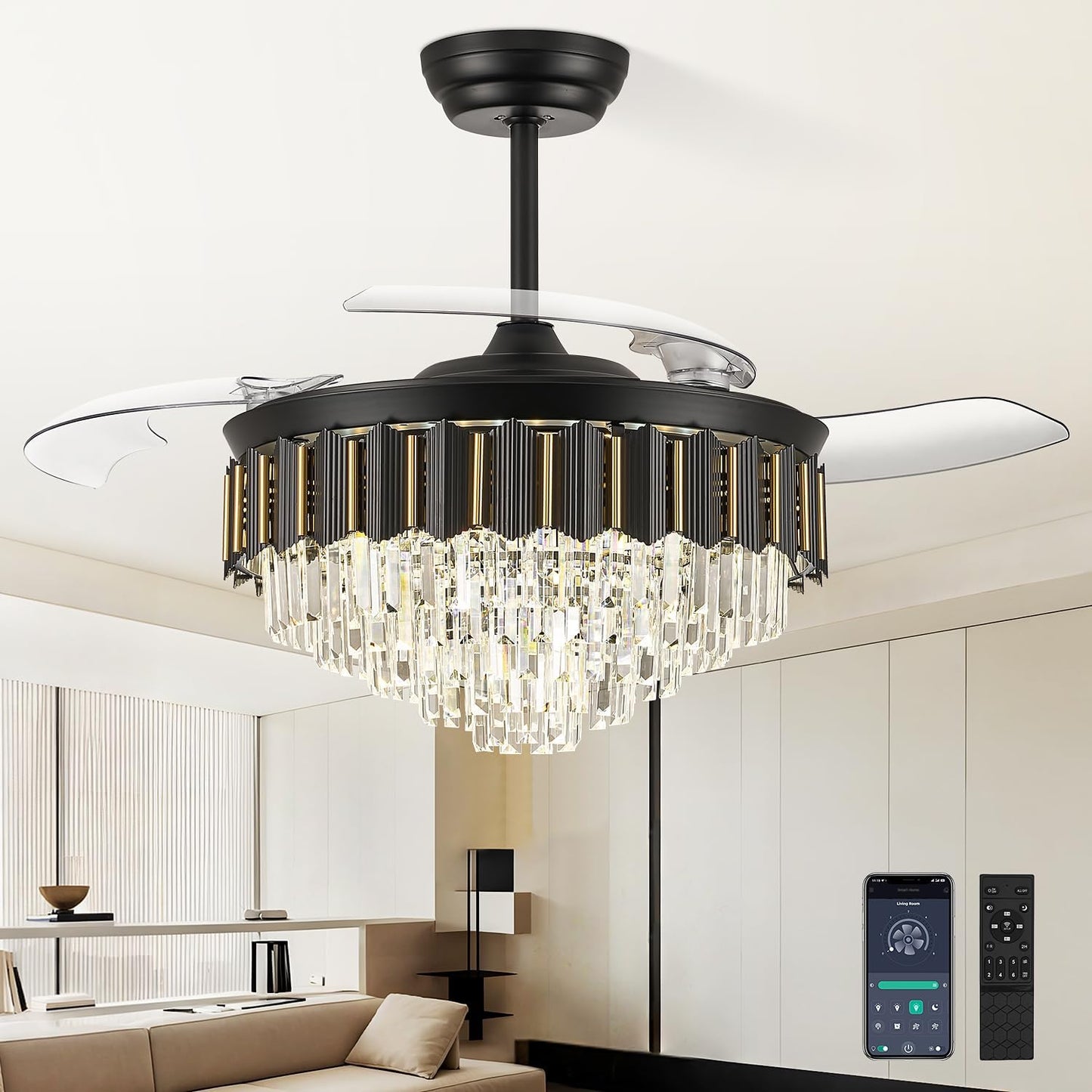 liangeight 52'' Fandelier Ceiling Fans with Lights, Chandelier Ceiling Fan with Lights Retractable Ceiling Fan 3000-6500K LED Dimmable, 6 Wind Speeds, Crystal Ceiling Fans for Bedroom Living Room