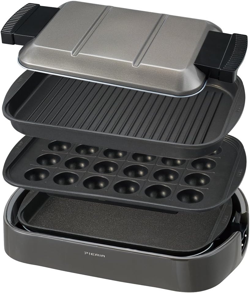 (DOSHISHA) Electric Countertop Griddle Hot Plate, Modern Black Stainless Steel, 1200W, 3 Settings, Includes Brush