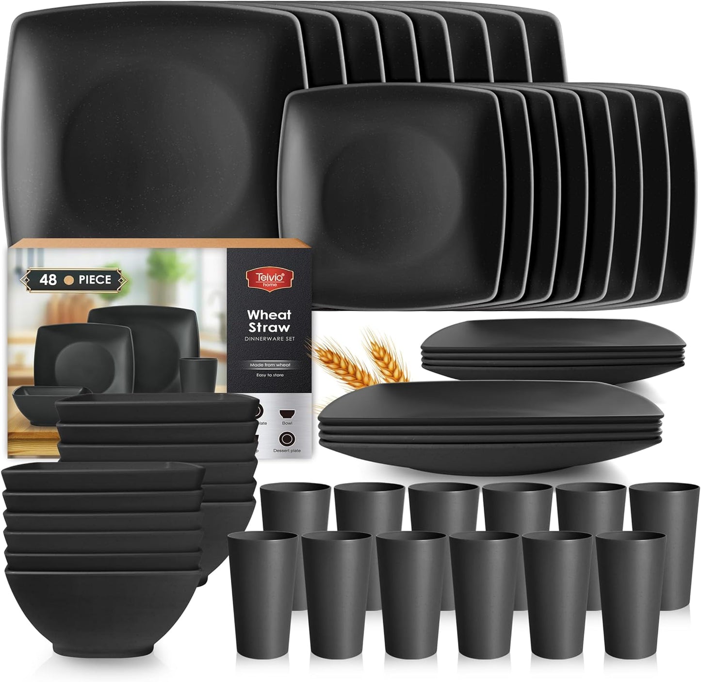 Teivio 48-piece Kitchen Plastic Wheat Straw Square Dinnerware Set for 12, Unbreakable Dinner Plates, Salad Plates, Snack Bowls, Tumblers 13.5 oz, Dishwasher Safe, Outdoor Camping Dish,Black