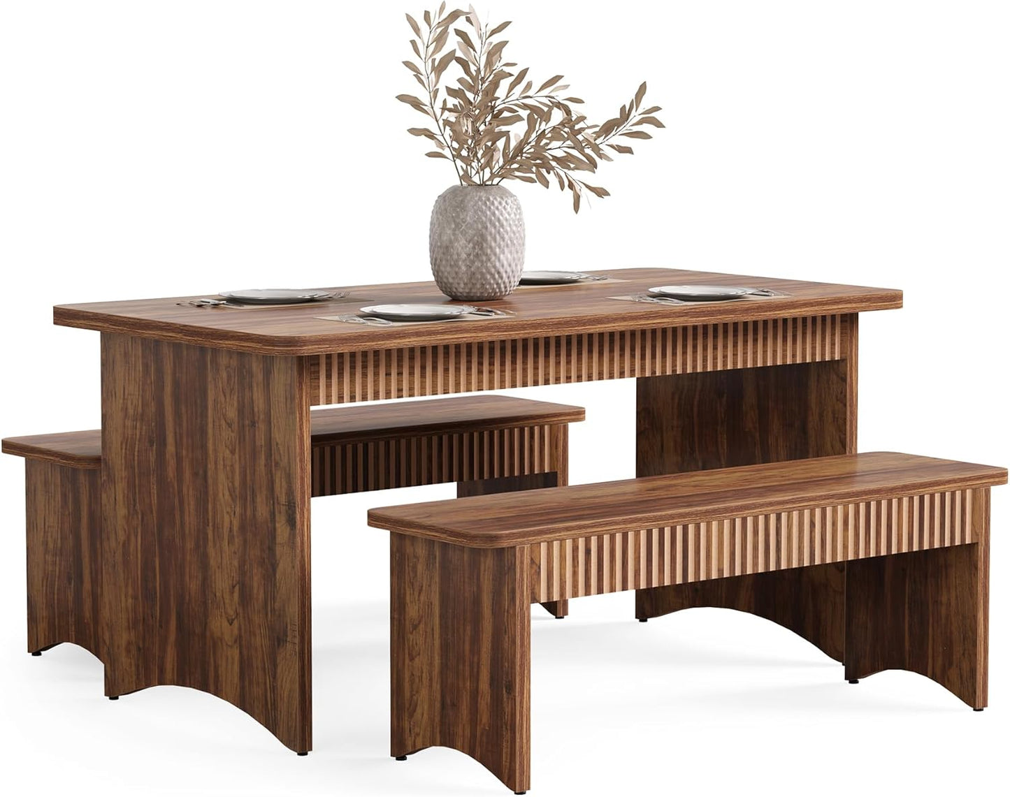LITTLE TREE 55" Dining Table with 2 Benches, Dining Table Set for 4-6 People, Farmhouse Kitchen Table with Bench, Dining Room Table Set