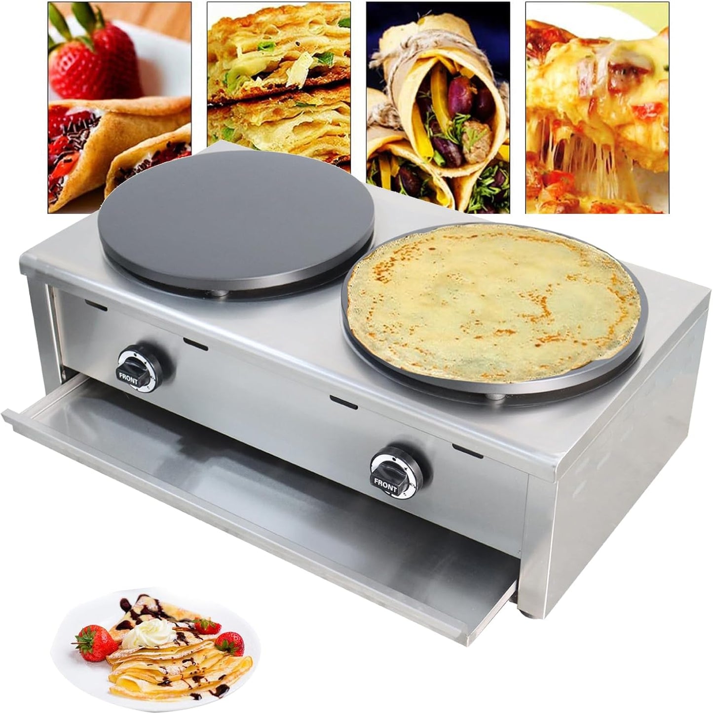 Commercial Crepe Maker 2000Pa Natural Gas Pancake Machine Non-Stick Crepe Pancake Maker with Dia 15.75in Double Hotplates for Blintzes, Eggs, Tortillas