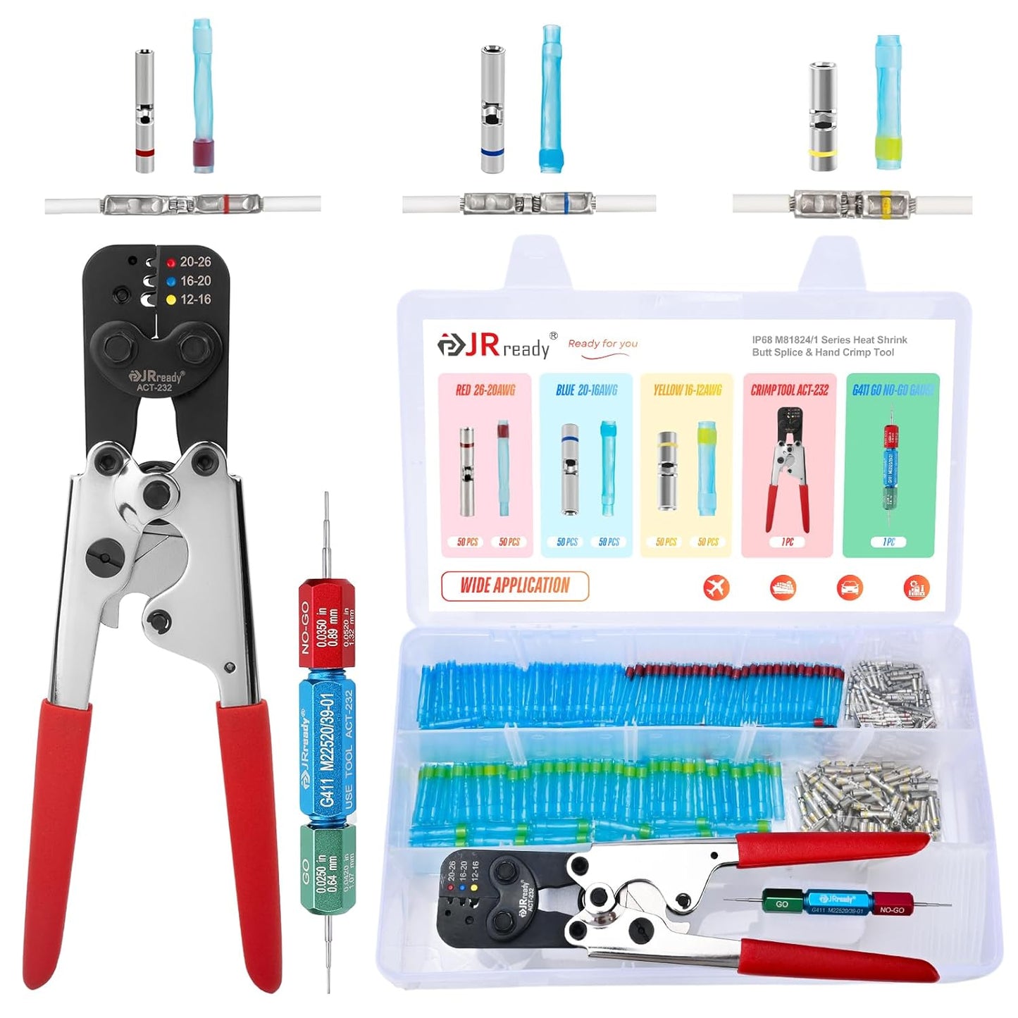 JRready ST6487 AS81824 Crimp Splices Kit with ACT-232 Crimp Tool (M22520\/37-1 Equivalent) G411 Go-No Go Gauge 150 Sets Environmental Copper Splices & PVDF Tubes Waterproof Butt Connectors