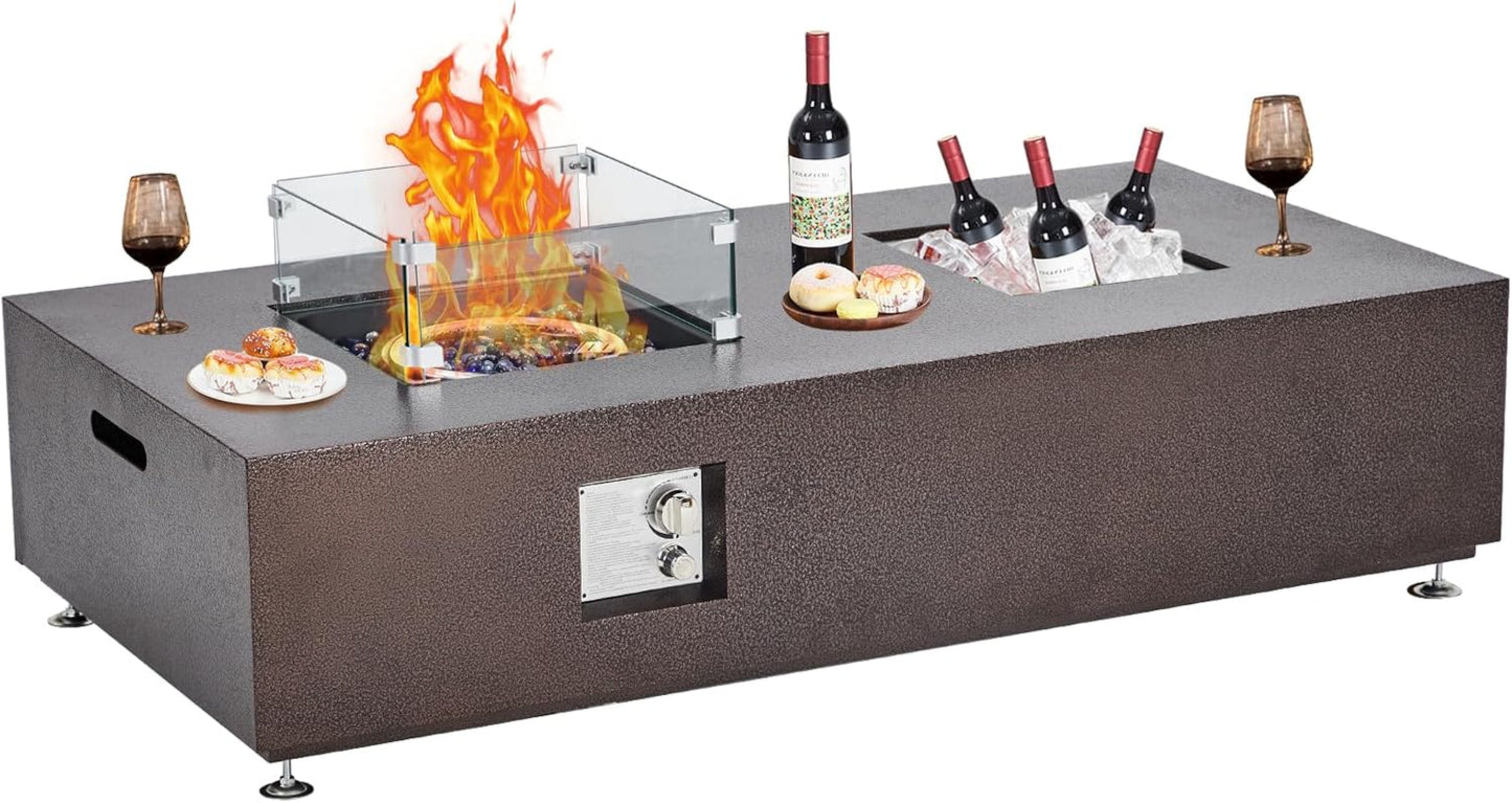 OUTLANE 56" Outdoor Propane Fire Pit Table, 50,000 BTU Steel Fire Pit with Wind Guard & Waterproof Cover, Convertible to Dining Table for Patio, Deck, Backyard, Bronze