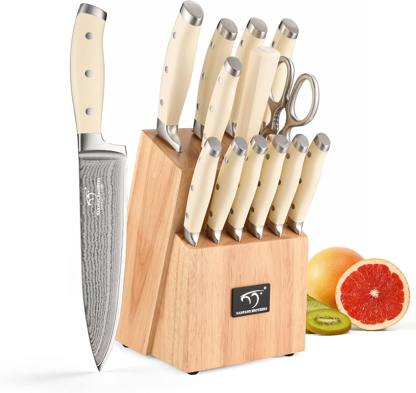 Knife Set, 14 Pieces Damascus Kitchen Knife Set with Block, ABS Ergonomic Handle for Chef Knife Set, Knife Sharpener and Kitchen Shears, Knife Block Set for Chopping, Slicing & Cutting
