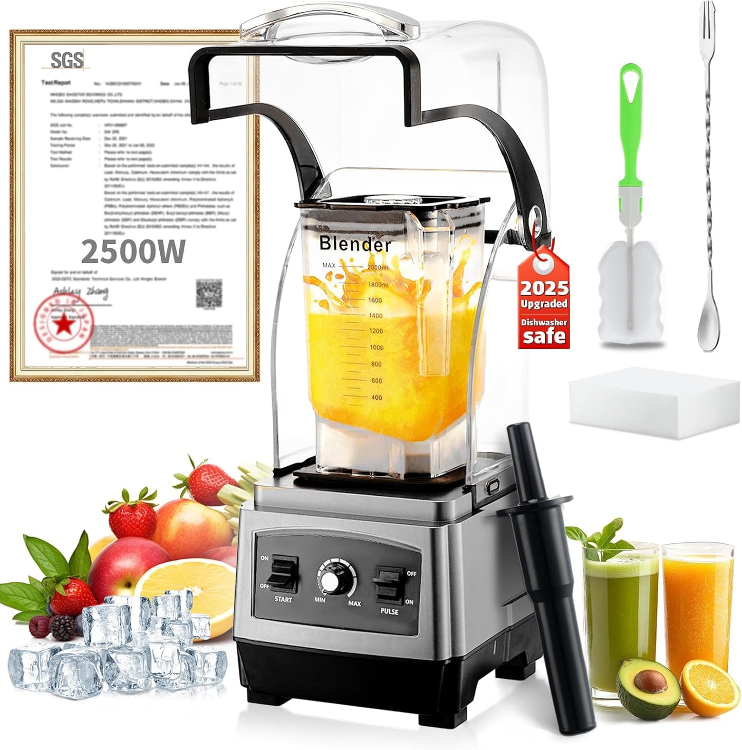 2025 Upgrade Commercial Blender【2500W German Super Motor】【Dishwasher Safe 】【6-Piece Japanese Blades 】3-Second Quick Ice Crushing,Quiet Blender for Juices and Smoothies,1-Year Warranty