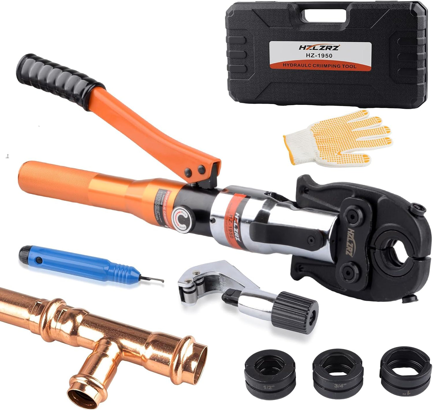 HZLZRZ ProPress Tool Copper Tube Fittings Hydraulic Copper Pipe Crimping Tool with 1/2,3/4 and 1 inch Jaws and Stainless Steel Pipe Cutter and Deburring Tool,Suit for Narrow Space and Tee Fittings