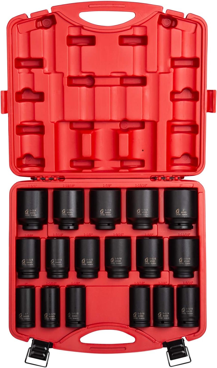 SUNEX TOOLS 4685, 3/4 Inch Drive Deep Impact Socket Set, 17-Piece, SAE, 1"-2", Cr-Mo Steel, Radius Corner Design, Dual Size Markings, Heavy Duty Storage Case