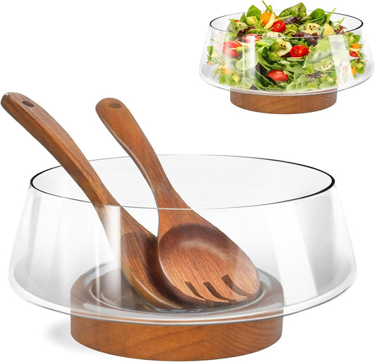 PROLEE Glass Salad Bowl Set,Large Glass Salad Bowls with Solid Wood Base Servers,Elegance Salad Serving Bowls for Kitchen Utensils and Party(Clear)