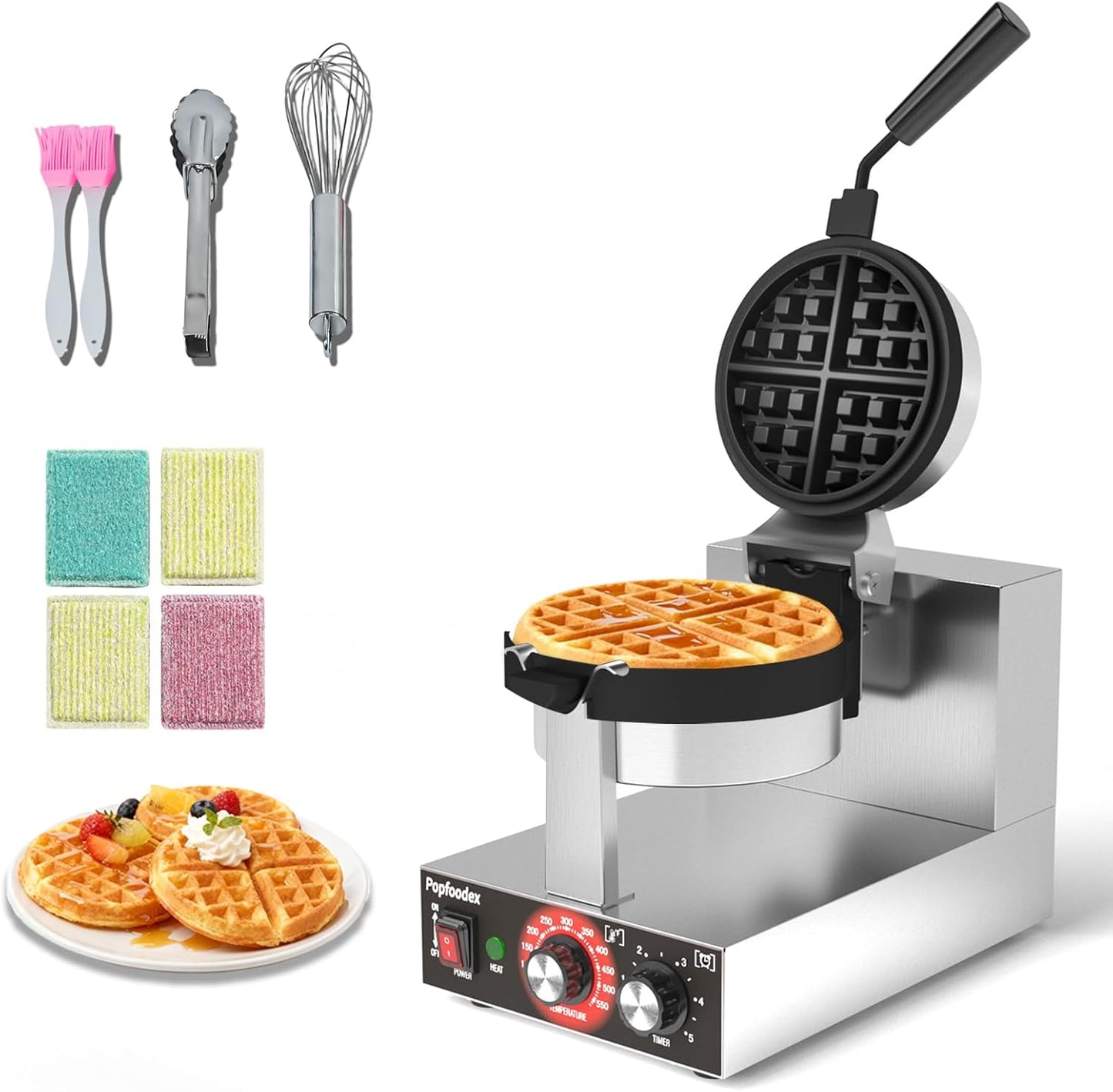 POPFOODEX Belgian Waffle Maker, 110V Industrial Waffle Maker w\/Non-Stick Coating and Adjustable Temperature (122-572°F), 1200W Rotary Commercial Waffle Machine w\/Timer, Restaurants and Food Trucks
