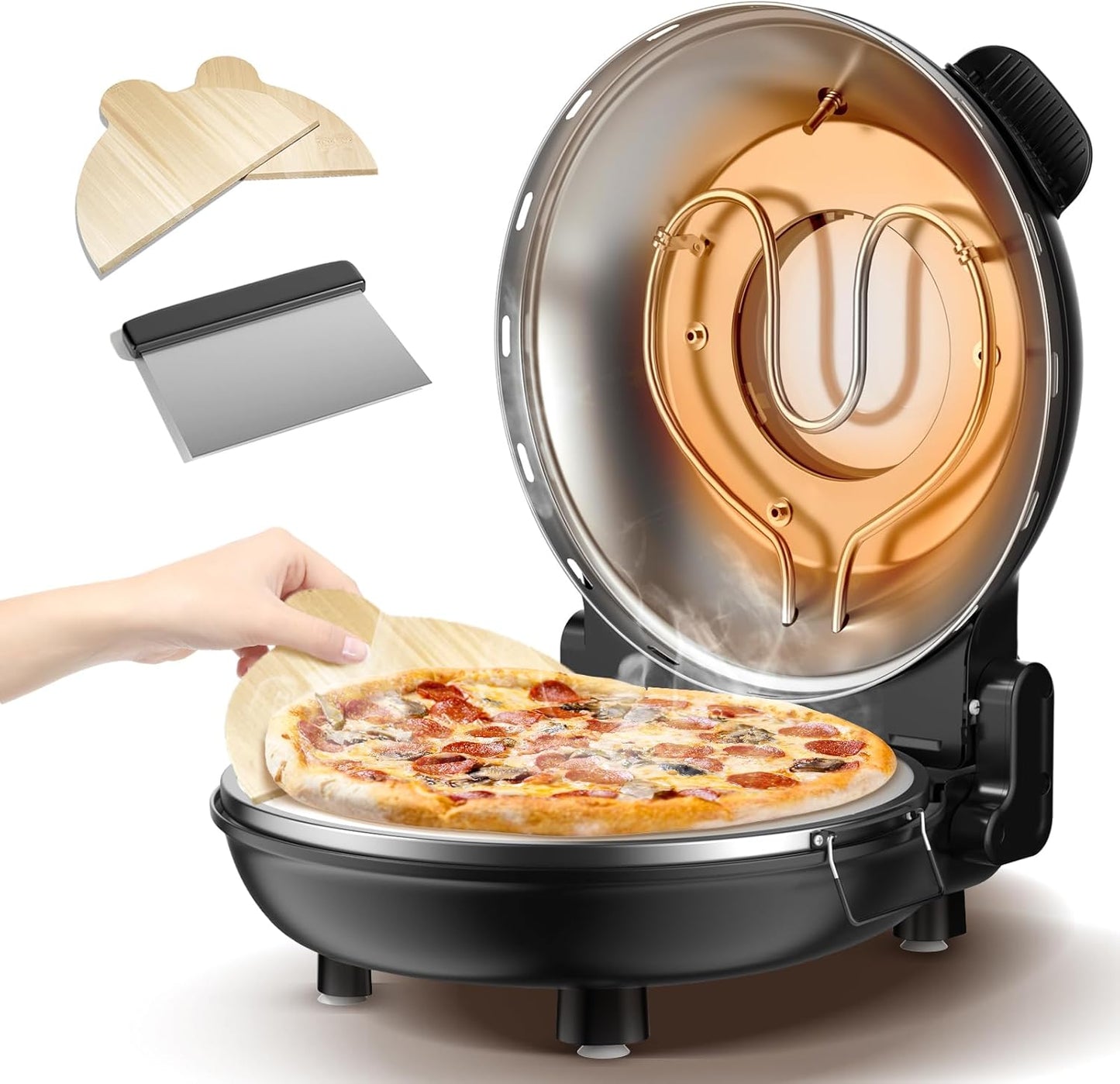 Pizza Oven Indoor Portable, 12 Inch Countertop Indoor Pizza Oven, Pizza Maker Machine For Home, Pizza Cooker with Timer And Temperatures Control Mini Smart, Black, CZP-12SWT