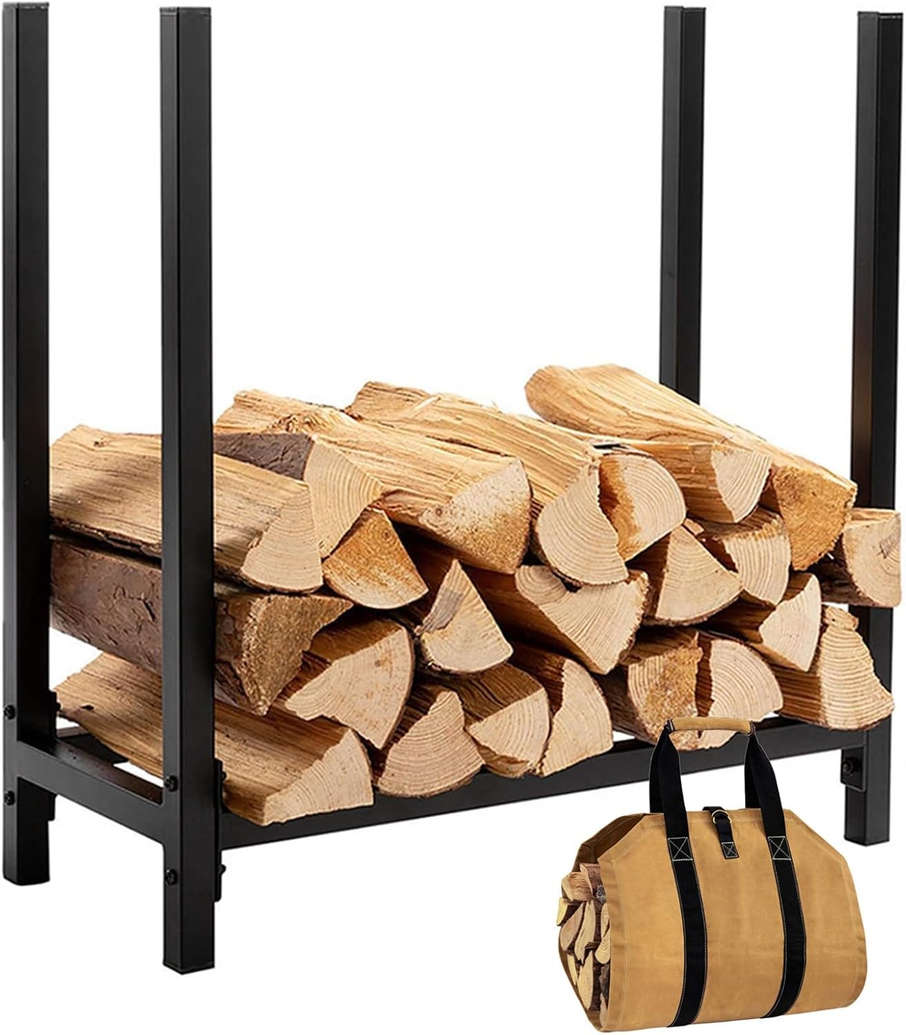 24 Inch Small Firewood Rack Indoor with Canvas Bags, Metal Frame, Firewood Storage Holder, Iron Fireplace Log Holder,