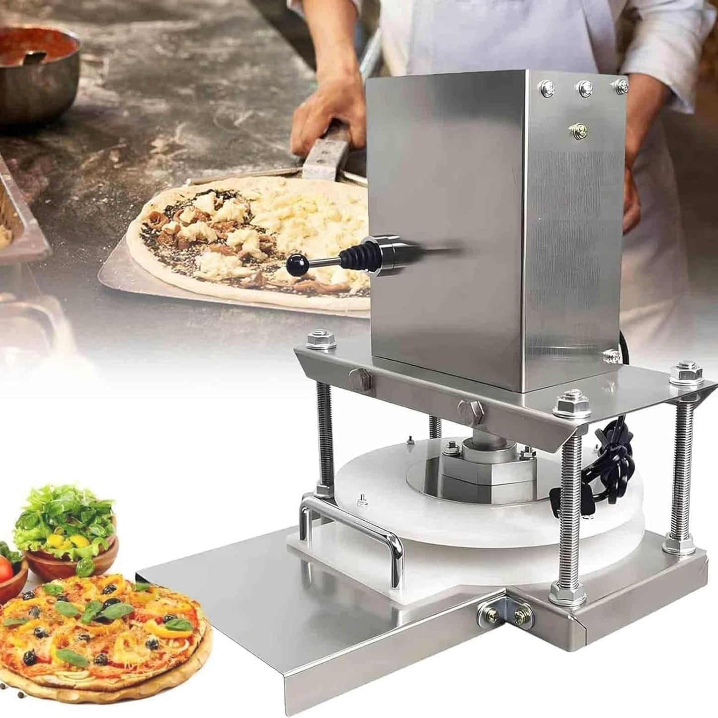 8.6 Inch Commercial Electric Pizza Dough Press Machine, Stainless Steel Dough Roller Sheeter with for Home Restaurant - Fast Pizza, Pastry Maker