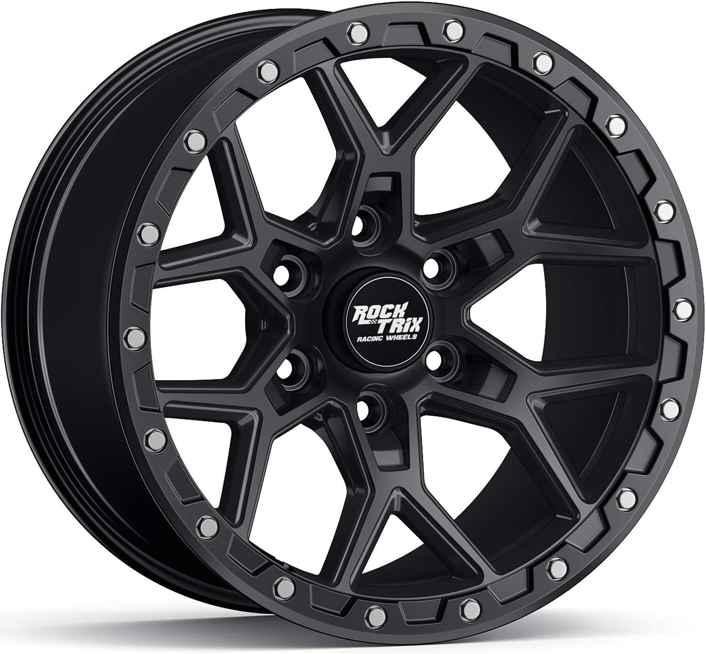 RockTrix RT107 17 Inch Wheel Compatible with 2009-2024 Ford F150, 2022+ Bronco Raptor Rims, 6x135 Bolt Pattern, 17x9-12mm Offset, 4.5" Backspace, 87.1mm Bore, Matte Black Wheels