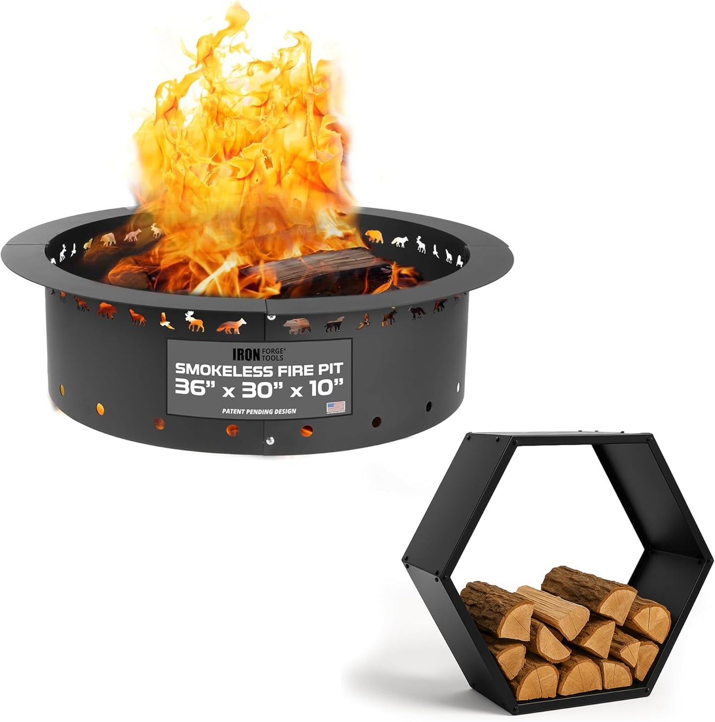 Iron Forge Tools 36" Outdoor Fire Pit Ring & 30" Hexagon Firewood Rack w/Cover - Heavy Duty Metal, Smokeless Fire Ring Insert & Wood Log Holder for Indoor/Outdoor Use