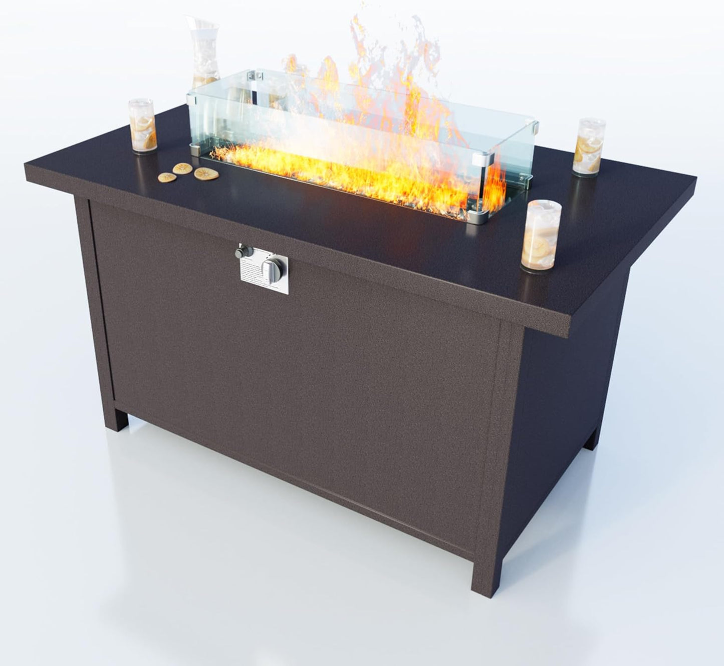 Fire Pit Table, 50000 BTU Gas Fire Pits Table with Removable Lid and Glass Shield, 41'' Rectangular Propane Fire Table with Cover, Ideal for Dining or Party on Patio, Garden, Yard, Brown
