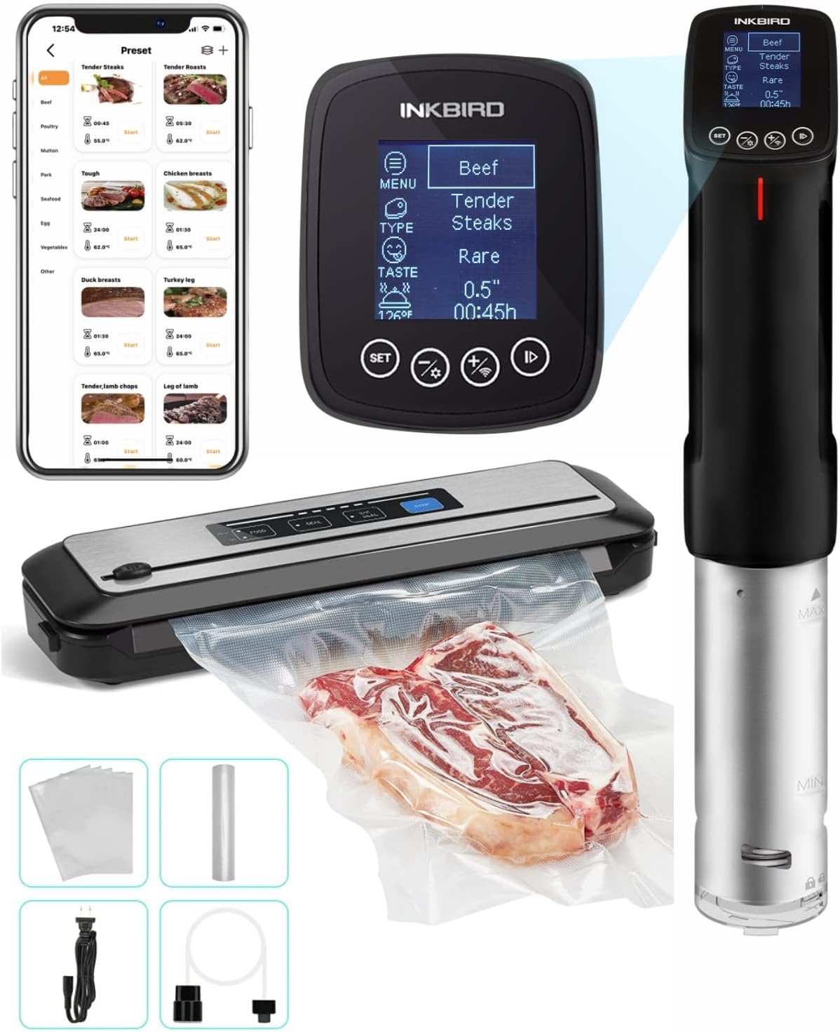 Inkbird WIFI Sous Vide Machine ISV-100W| 1000W Sous-Vide Cooker Immersion Circulator with 14 Preset Recipes on APP and Thermal Immersion, Fast-Heating with Timer (Sous Vide +Vacuum Sealer Machines)