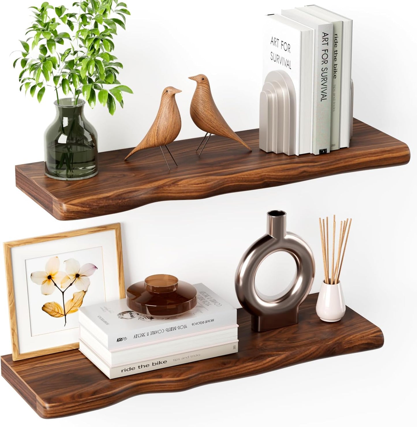 Floating Shelves for Wall Rustic Farmhouse 24 Inch Floating Shelf Bathroom Wooden Shelves for Wall Mounted Live Edge Pine Wall Shelf with Unique Natural Grain for Living Room Bedroom Kitchen (Walnut)