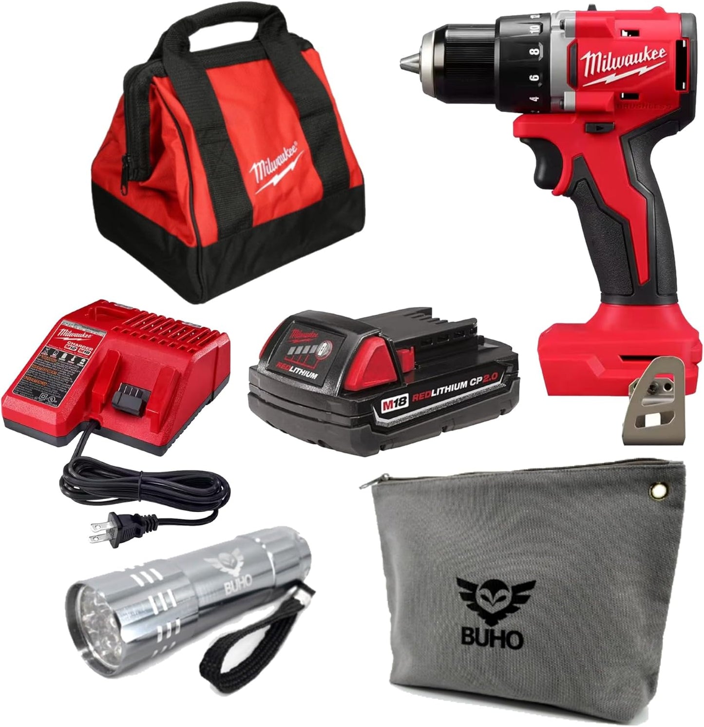 M18 18V Brushless Cordless 1/2 in. Compact Drill/Driver Bundle with (1) 2.0 Ah Battery, Charger, Milwaukee Tool Bag, Buho Zipper Pouch and Flashlight
