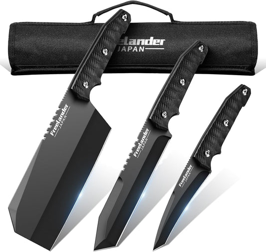 Freelander 3PCS Butcher Knife Set for Meat Cutting, Sharp Chef Knife Set Dishwasher Safe with Roll Bag, Full Tang BBQ Knife Set with Leather Sheath, Hand Forged Japanese Meat Cleaver Knife for Kitchen