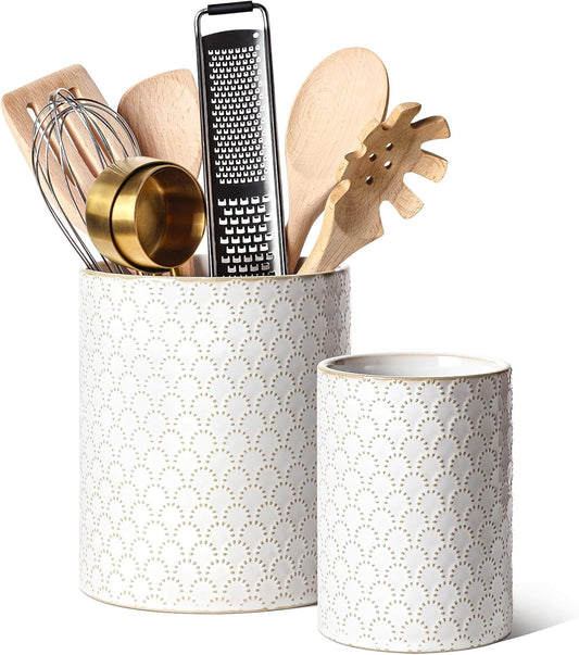 LE TAUCI Utensil Holder, 7.1"+5.4" Ceramic Kitchen Utensil Holder for Counter top, Embossed Cooking Utensil Organizer for Spatula & Spoon, Kitchen Decor, Set of 2, Arctic White, Fireworks