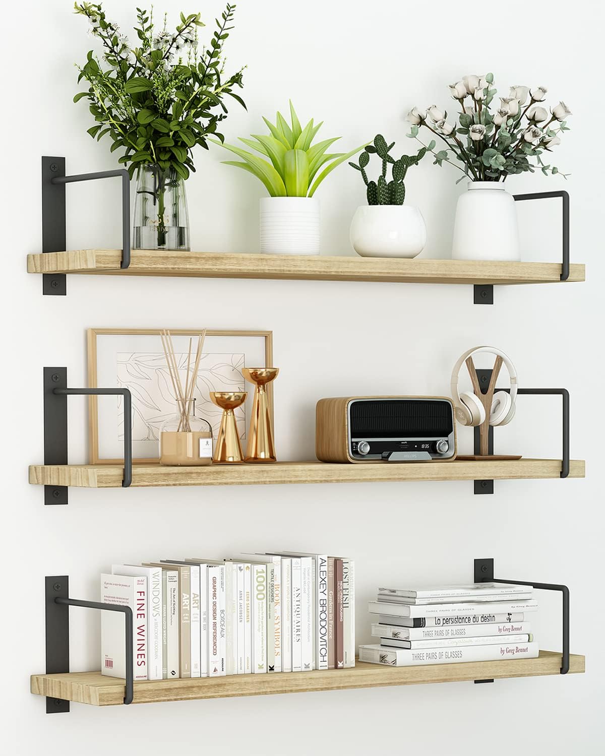 EALLRINEC Floating Shelves, 24 Inches, Easy to Install, Wall Mounted, Set of 3, Rustic Wood for Décor, Storage for Living Room, Bathroom, Bedroom