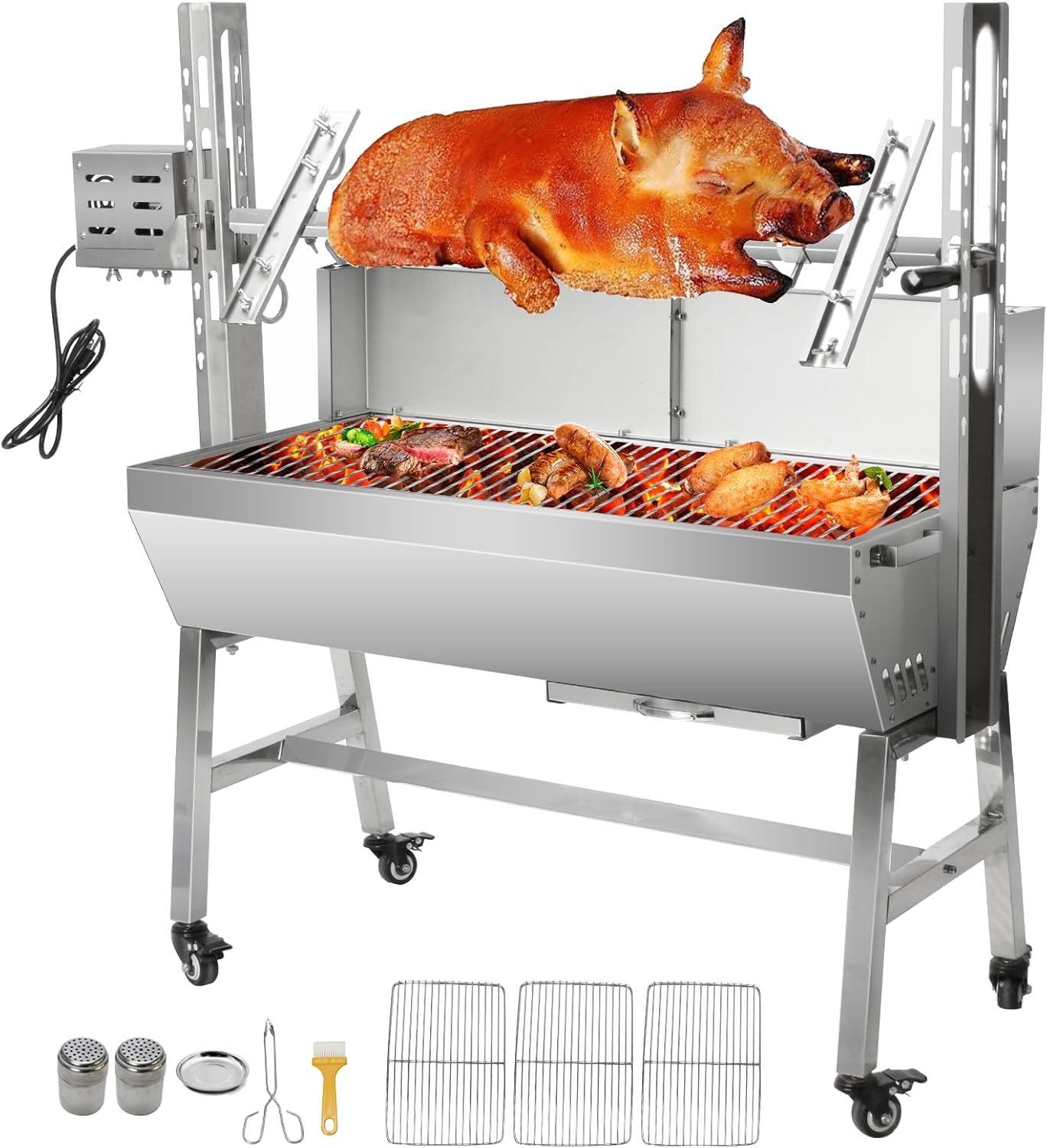 SGOLAN Rotisserie Grill with Windbreak 35 Inch Pig Roaster, Electric 40W Motor BBQ Pig Roaster Rotisserie 132 Lbs Capacity Charcoal Rotisserie Grill for Camping, Party