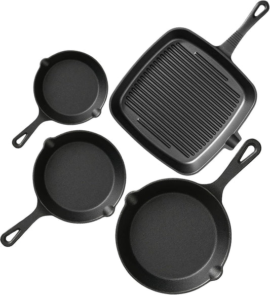 Pre-Seasoned Cast Iron skillets,4 Piece Durable Pots and Pans Set with Handle Covers for Grill, BBQ, Camping Fire, Stovetop, Kitchen and Camping Cookware