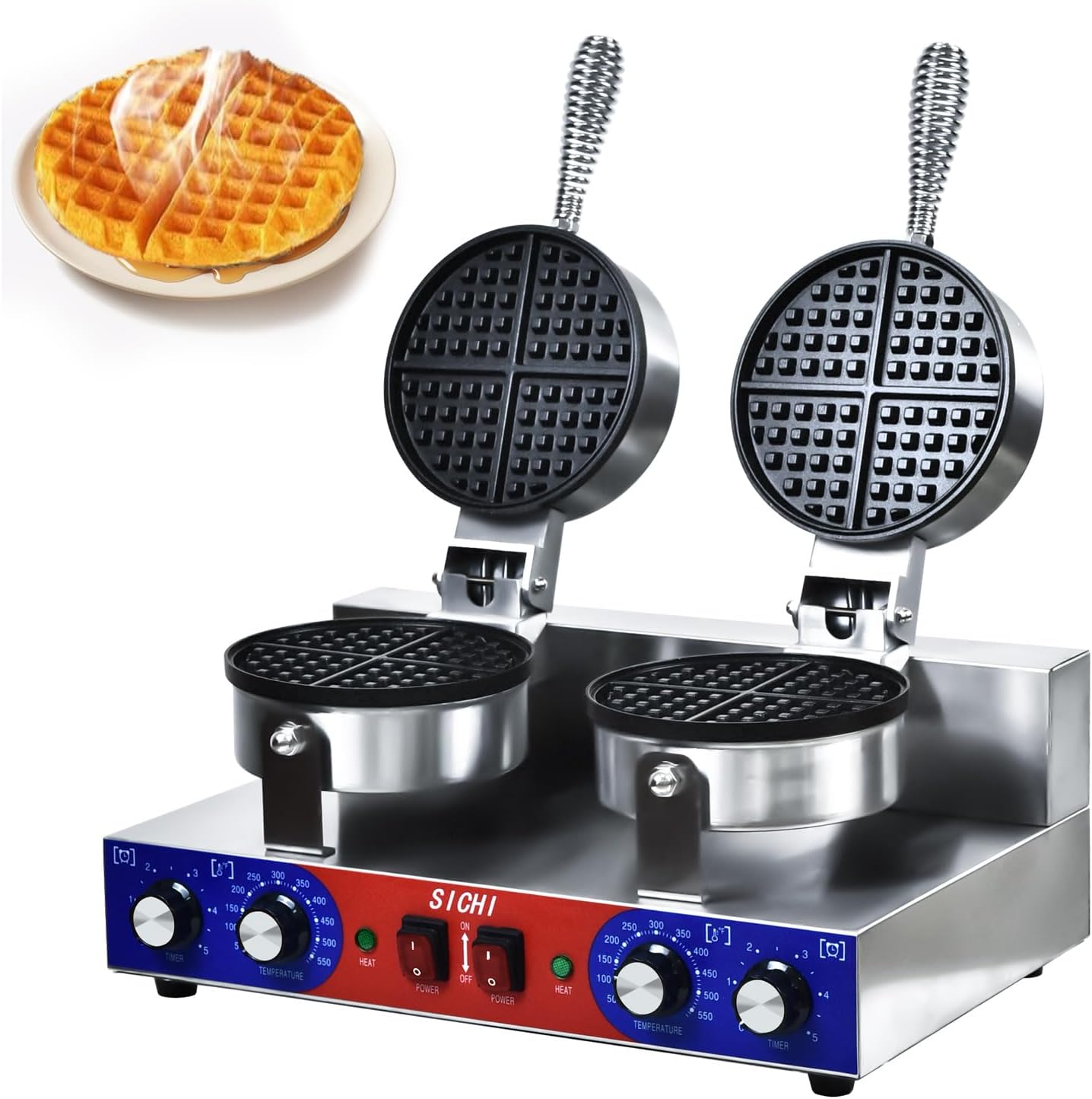 HTTSICHI Waffle Maker - Commercial Waffle Iron w\/Two Non-stick 7 in Baking Pans, 550 ℉ Temperature and Timers, 2400W Dual Waffle Machine for Double Baking, Stainless Steel Waffle Maker for Restaurant