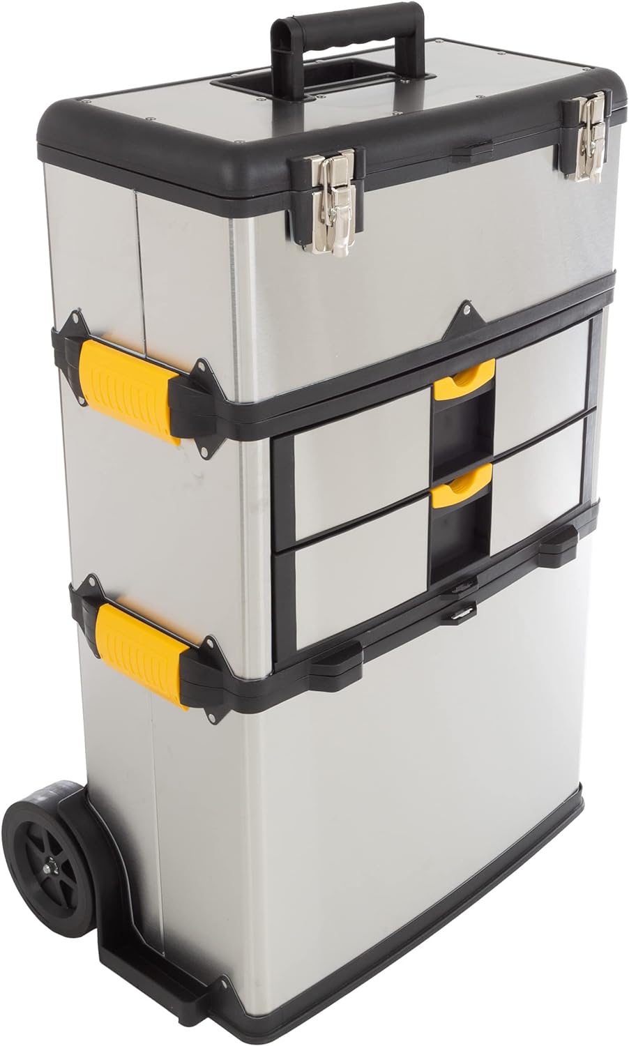 3-Part Portable Tool Box - Stainless-Steel Drawer Organizer with Wheels, Extendable Handle and Tough Latches - Rolling Tool Chest by Stalwart (Silver)