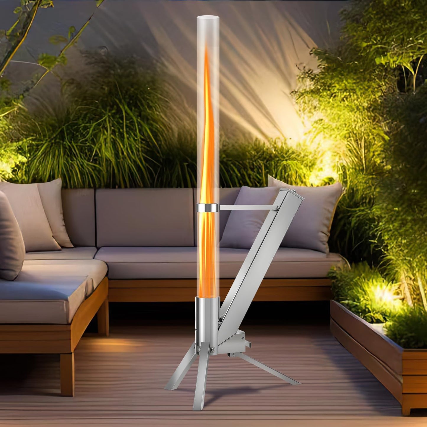Outdoor Pellet Torch, Stainless Steel Patio Heater with 100 x 8 cm Glass Tube, Decorative Ambience Fire Column, for Garden, Easy to Assemble