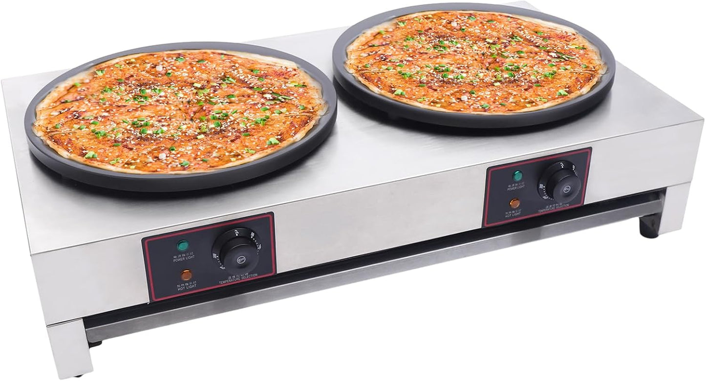 Electric Crepe Maker & Griddle, 3.4KW Double Headed Electric Crepe Pan with Residue Tray, 50-300℃ Temp Adjustable, Stainless Steel Non-Stick Baking Pancake Machine for Crepes, Pancakes