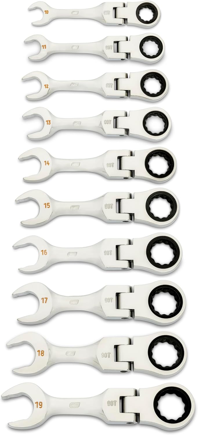 GEARWRENCH 10 Piece 90-Tooth 12 Point Stubby Flex Combination Ratcheting Wrench Set, Metric | 10mm - 19mm | 86870