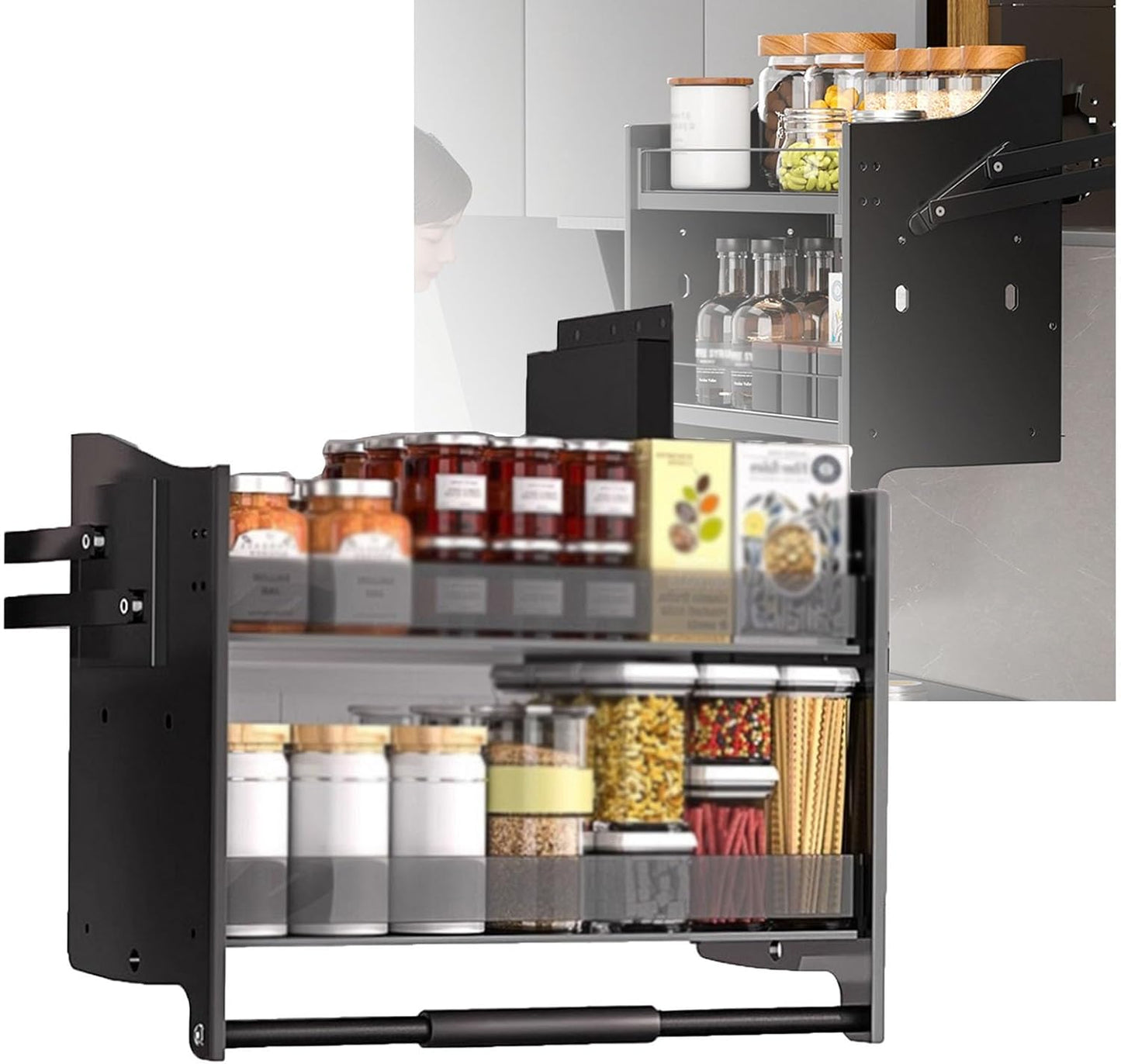 XLTFUC Aluminum Pull-Down Cabinet Organizer - 2 Tier Kitchen Cabinet Pull-Down Shelves, 4 Load-Bearing Settings for Kitchen Appliance Lift Upper Cabinets(36x26x54cm)