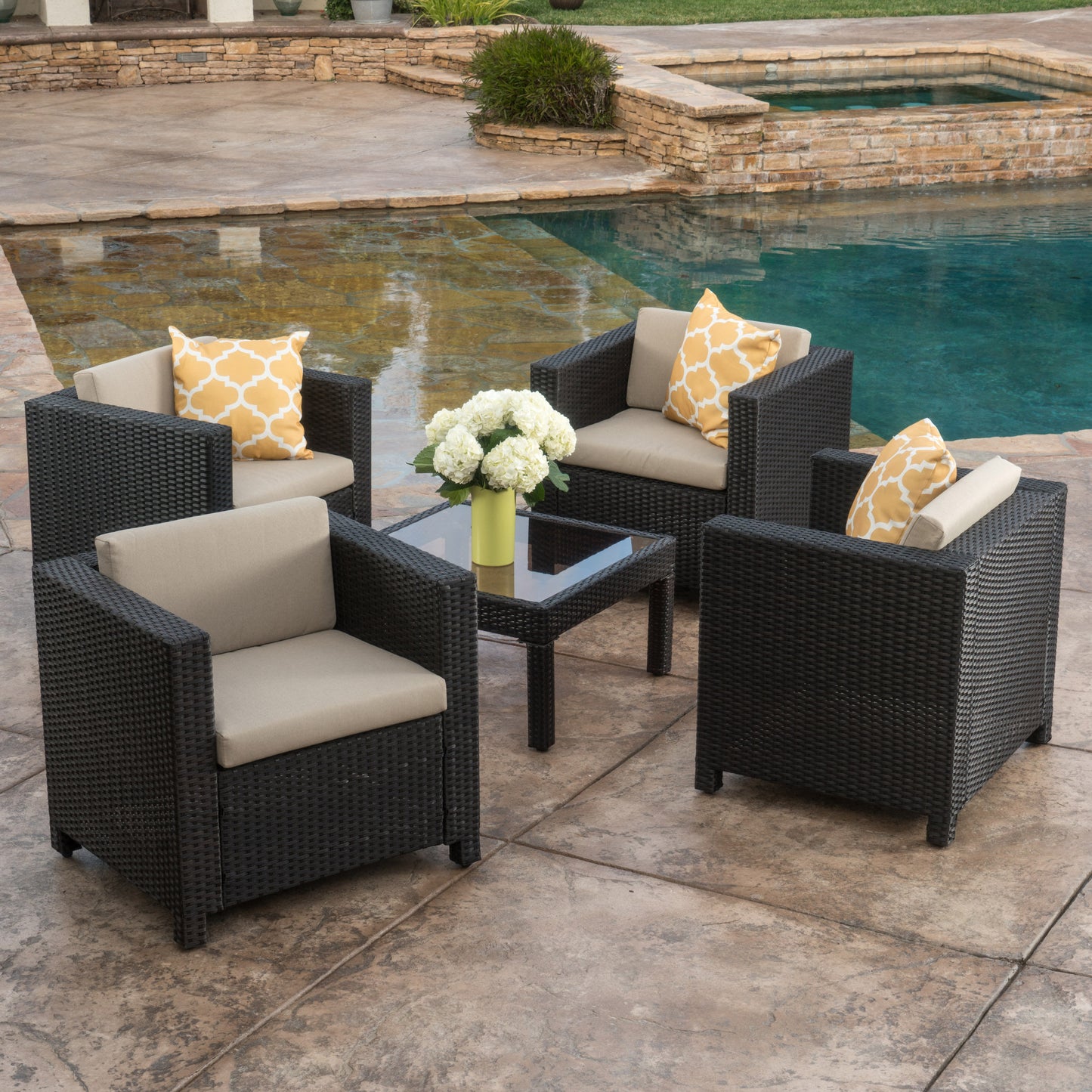 Christopher Knight Home Puerta Outdoor Club Chairs with Water Resistant Cushions Set of 4-Dark Brown + Beige