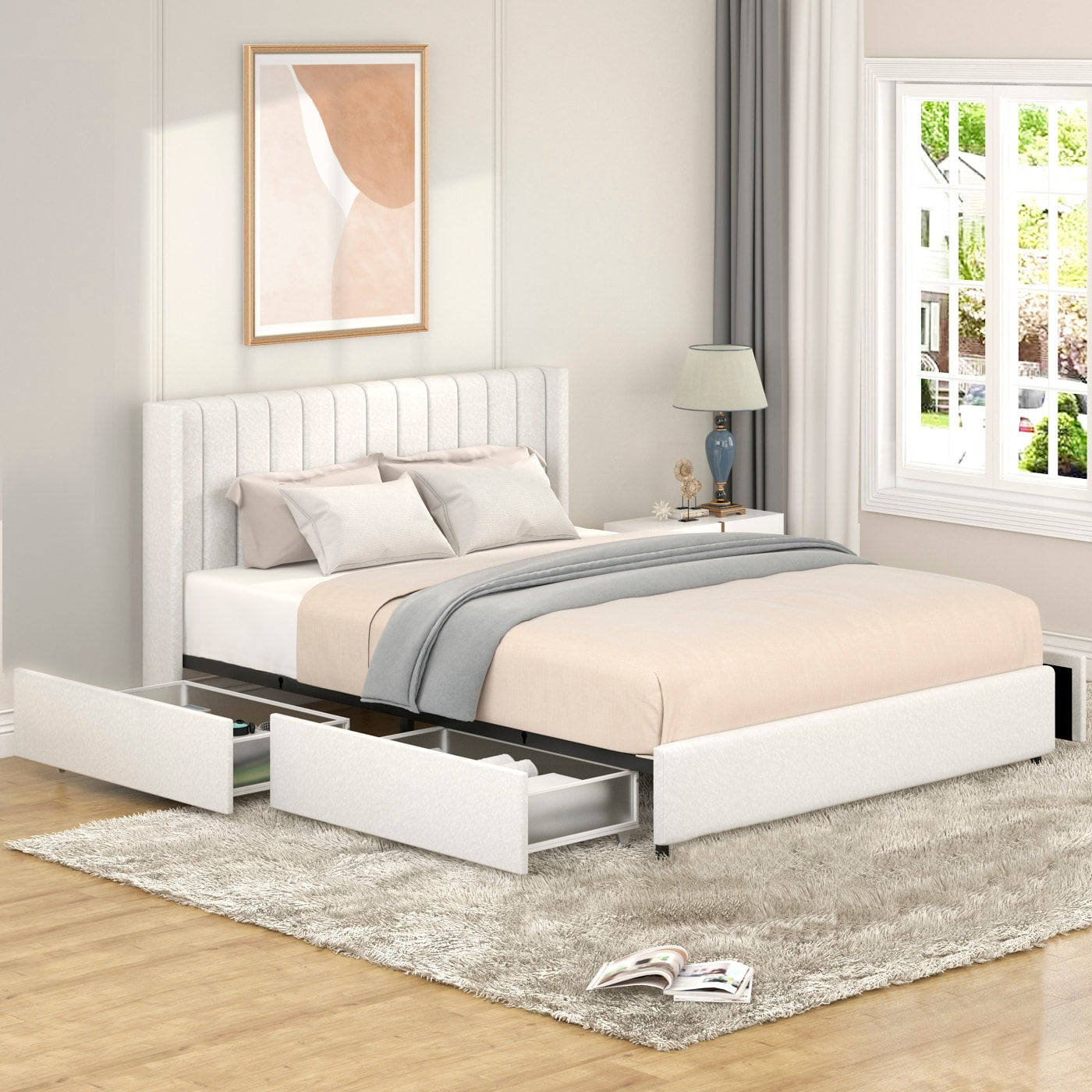 GDFStudio Anda Boucle Upholstered Tufted Headboard Storage Ivory Bed