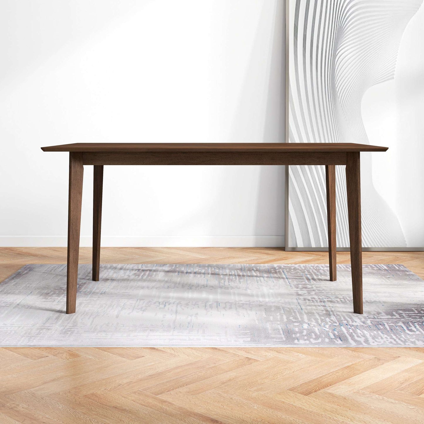 Vynxaria Solid Wood Dining Table Mid Century Modern Design Brown Stain Finish Beveled Edges Seats 4 or 6 Comfortably