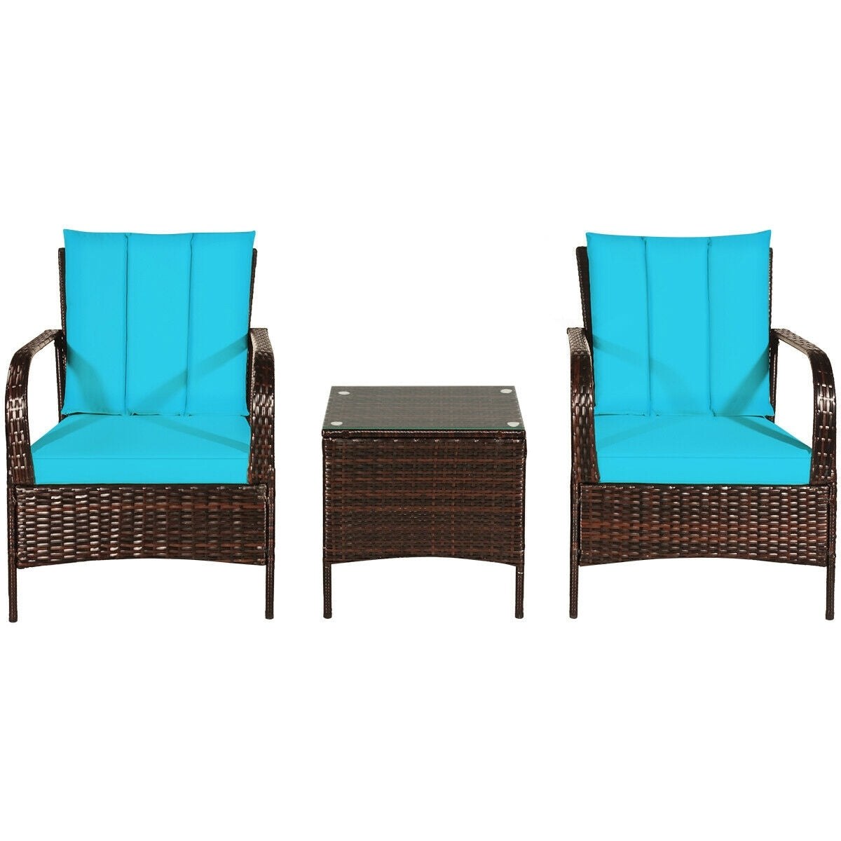 Slickblue 3-Piece Rattan Patio Conversation Set with Gray/ Red/ White/ Turquoise Cushions and Glass Coffee Table for Deck Patio or Balcony
