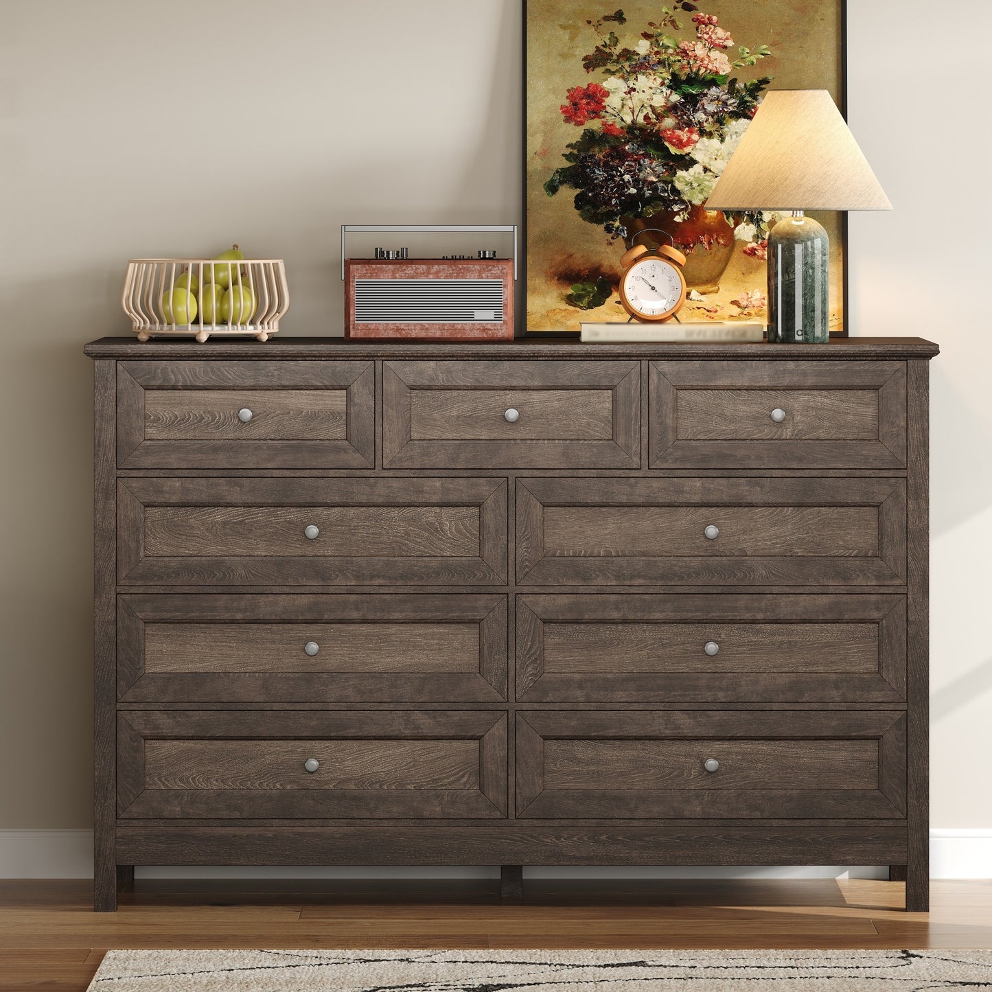 LOVMOR Wood Rustic Storage Dresser with 9 Drawers and Silver Handle Brown