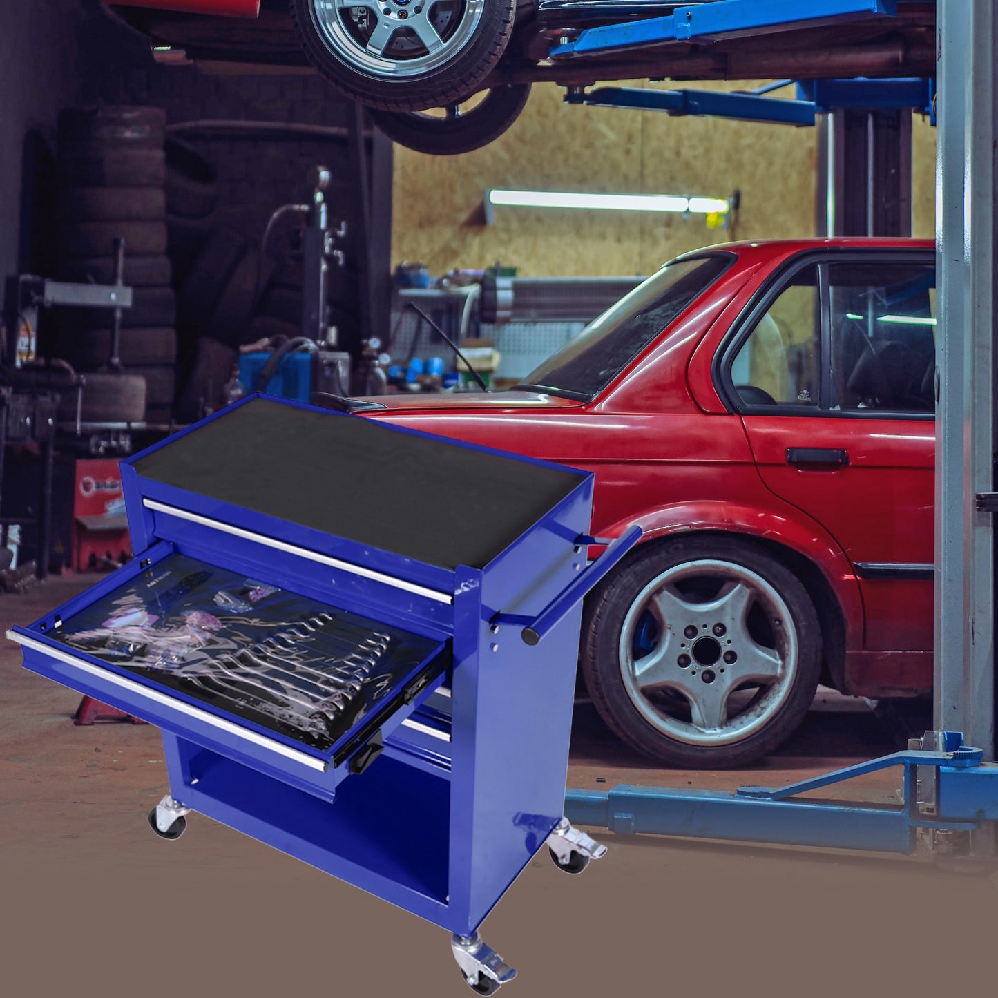 GDFStudio 4-Drawer Rrolling Tool Box 24.4 inches With 4 Wheels and Drawers With Tools for Garage Warehouse Workshop Shop-BLUE