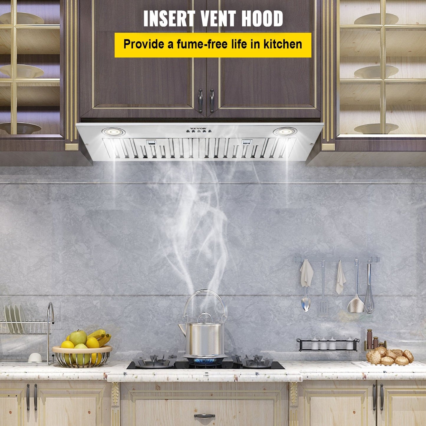 Dexmalle 30 Inch Stainless Steel Built-in Kitchen Vent with Push Button Control LED Lights Baffle Filters