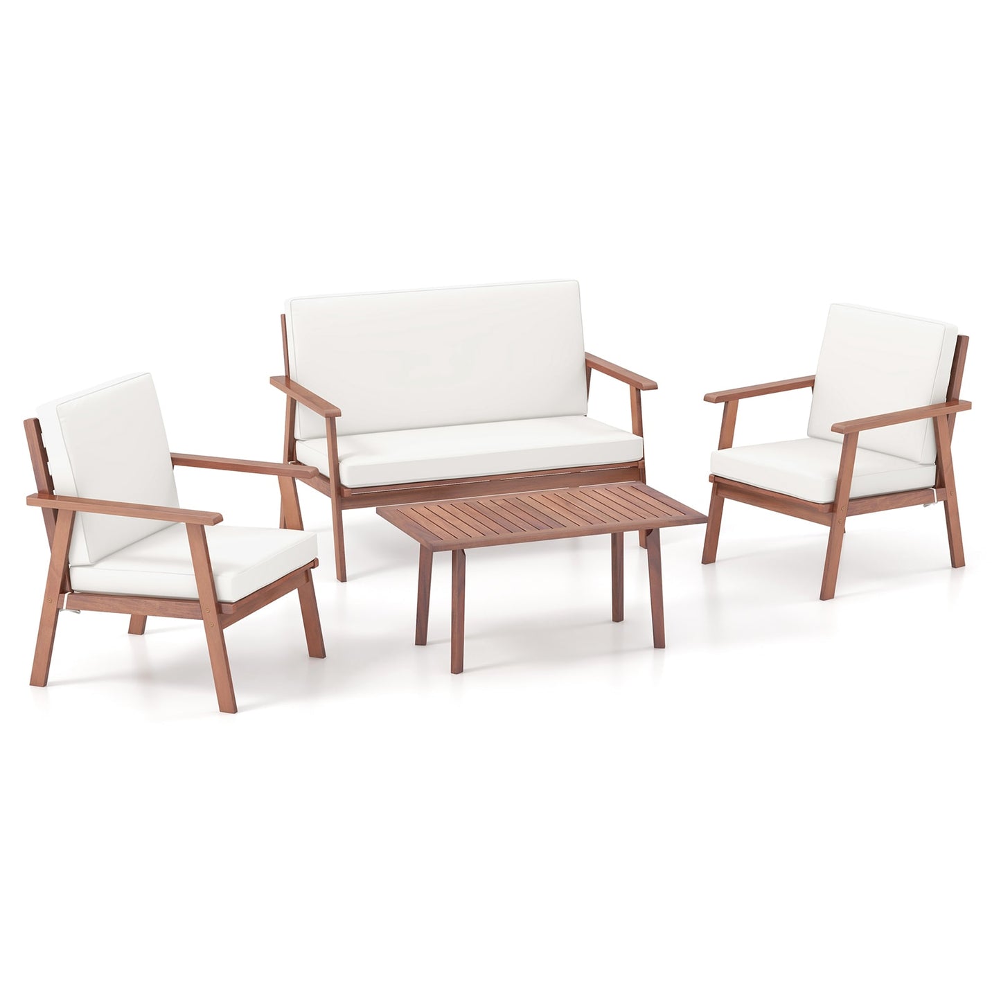Slickblue 4-Piece Patio Conversation Set with Loveseat 2 Chairs White Cushions and 1 Acacia Wood Coffee Table for Patio Backyard Poolside or Front Porch