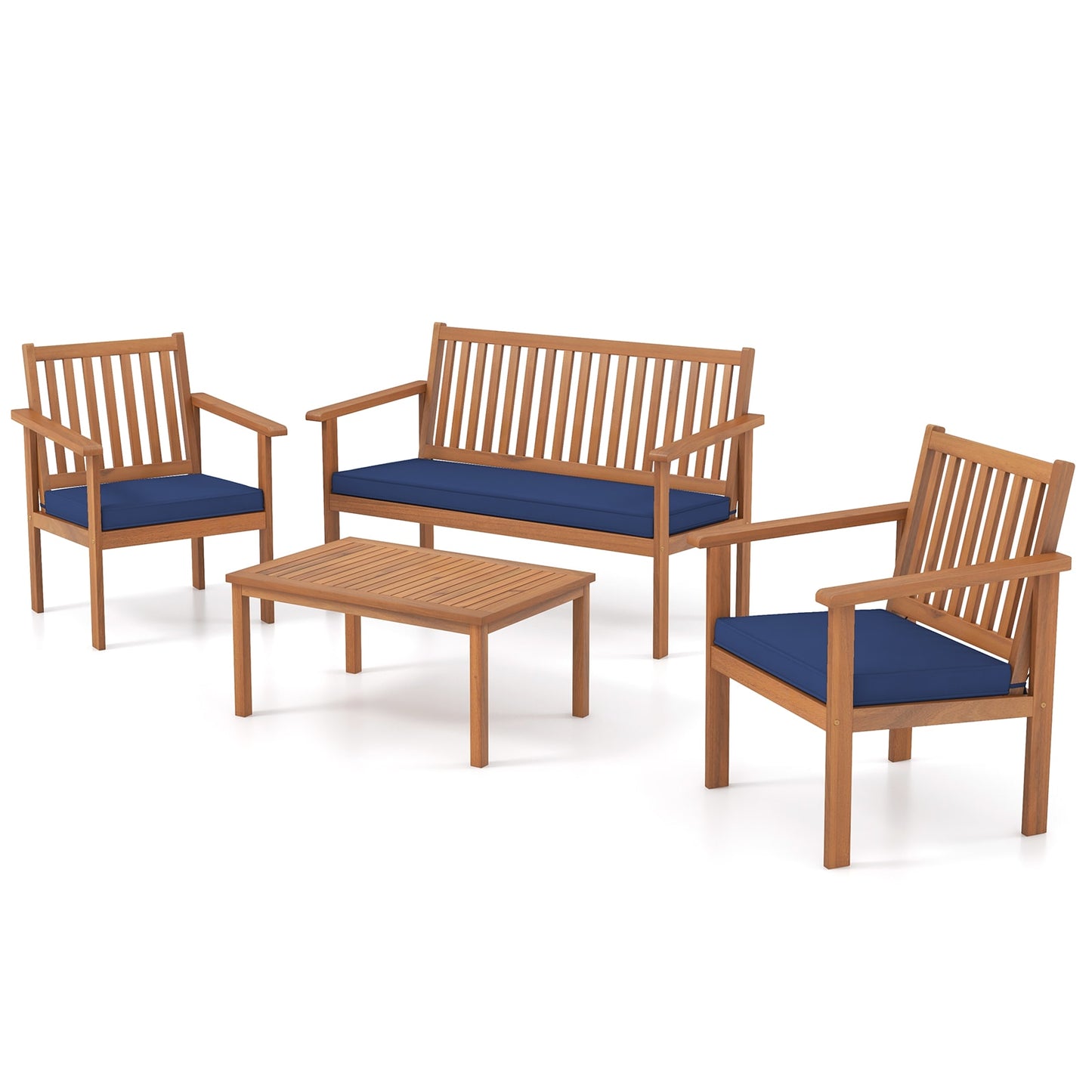 Slickblue 4-Piece Acacia Wood Patio Conversation Set with Loveseat 2 Chairs and 1 Coffee Table Gray/ Navy Cushions for Backyard or Patio