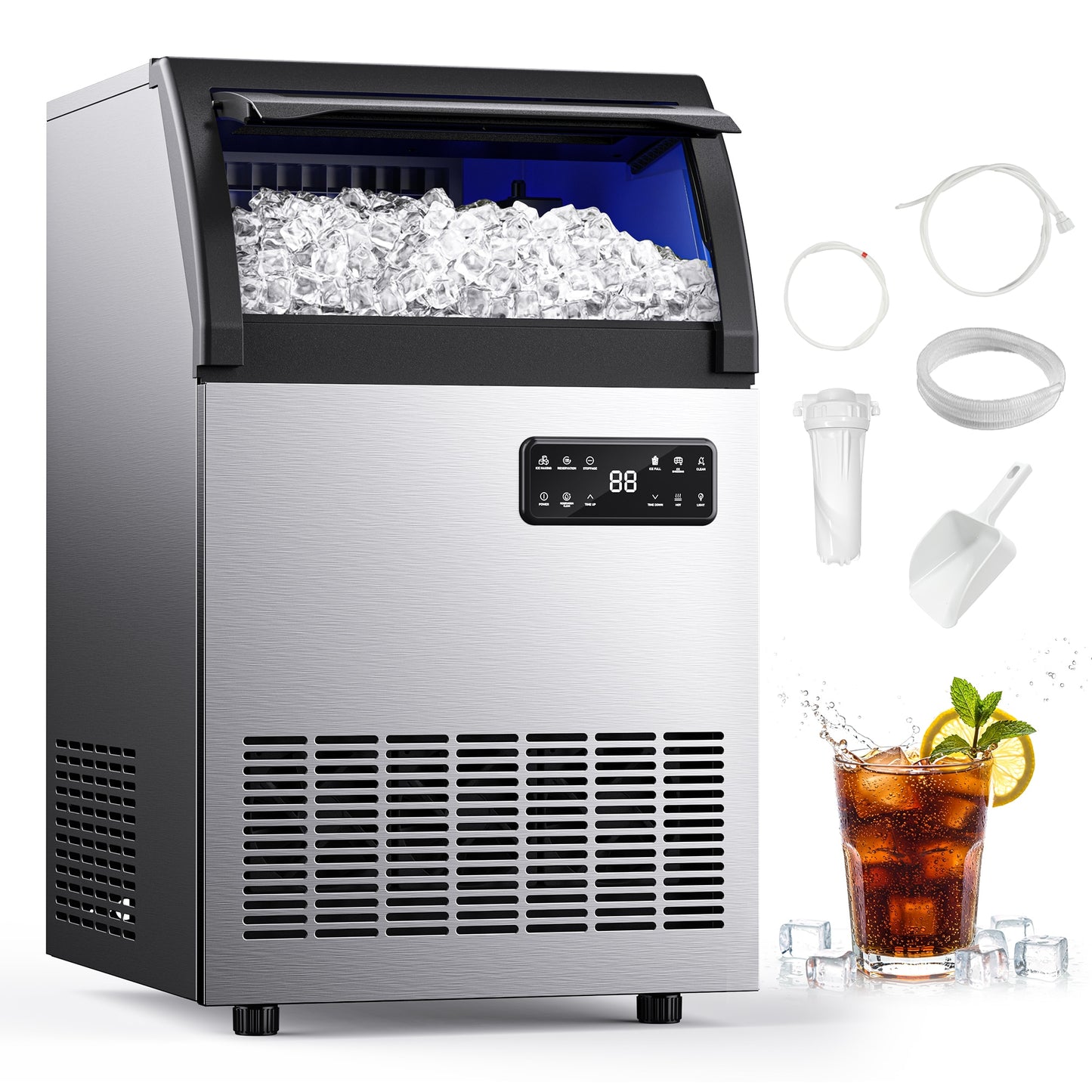 SIMZLIFE 250 lb/24H Full Ice Sizes Commercial Ice Maker in Stainless Steel with Quiet operation and Auto-Cleaning NSF Certified