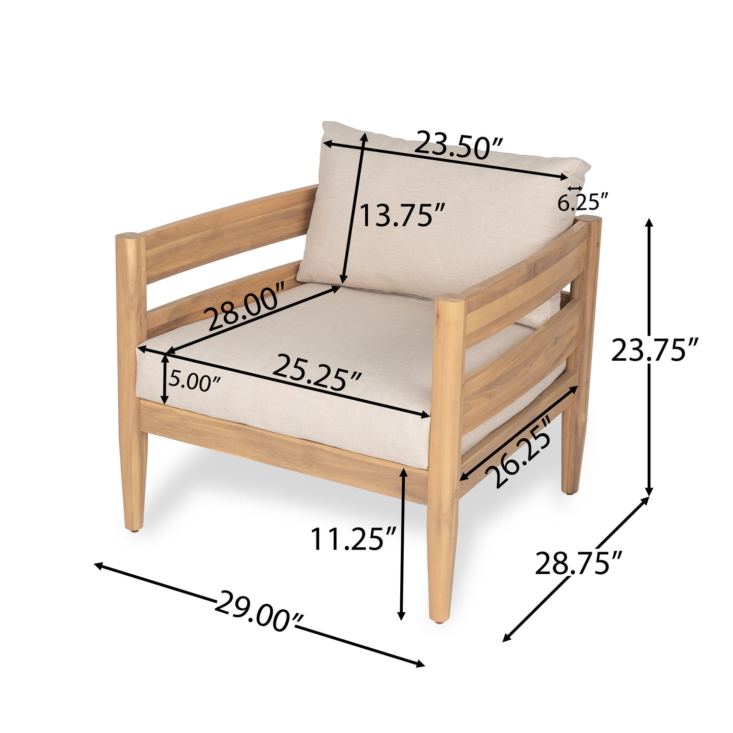 Christopher Knight Home Rowan Patio Chair Outdoor Acacia Wood with Cushions Beige and Light Teak