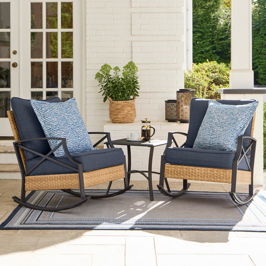 Style Selections Kenwood 3 -Piece Wicker Patio Conversation Set with Navy Cushions