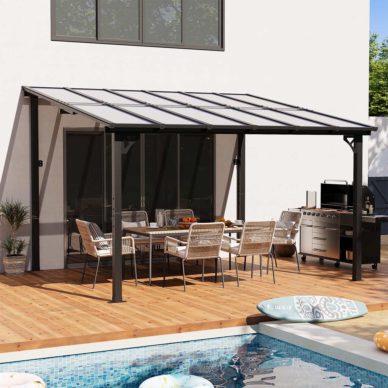 Sunmthink  12x10FT Lean to Hardtop Metal Pergola with Polycarbonate Roof Wall Mounted Heavy Duty Awnings Patio Canopy Designed for Backyard Deck and Porch