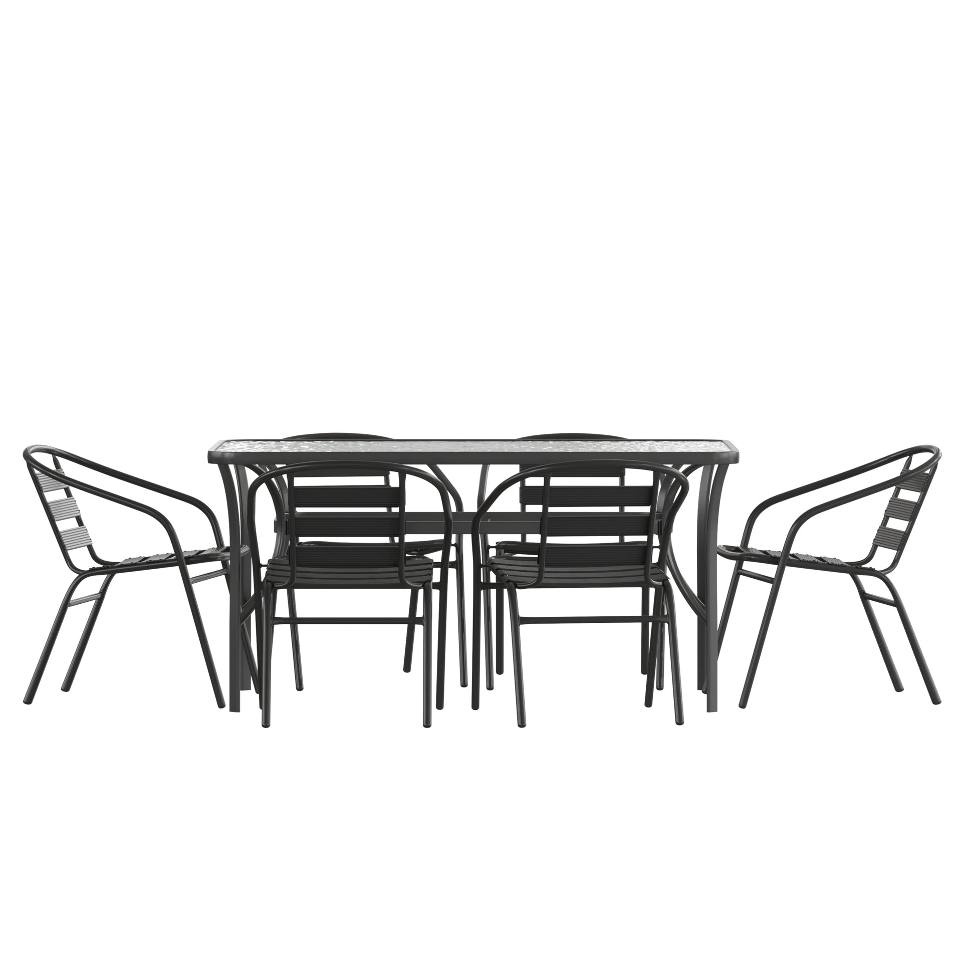 Flash Furniture Lila 7 Piece Commercial Outdoor Patio Dining Set with 60-in Tempered Glass Patio Table with Umbrella Hole and 6 Black Triple Slat Chairs