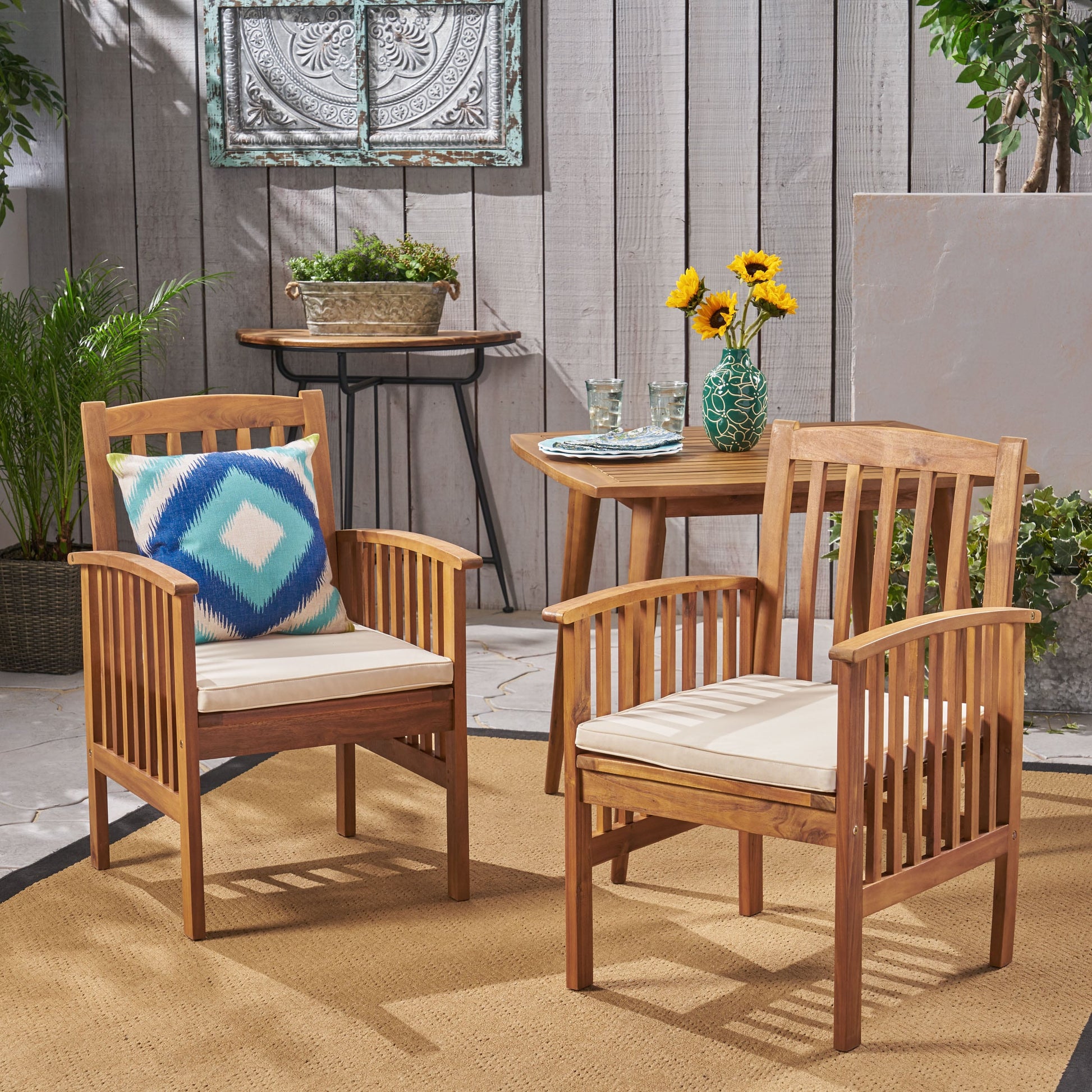Christopher Knight Home Casa Acacia Patio Dining Chairs Acacia Wood with Outdoor Cushions Brown Patina and Cream Set of 2