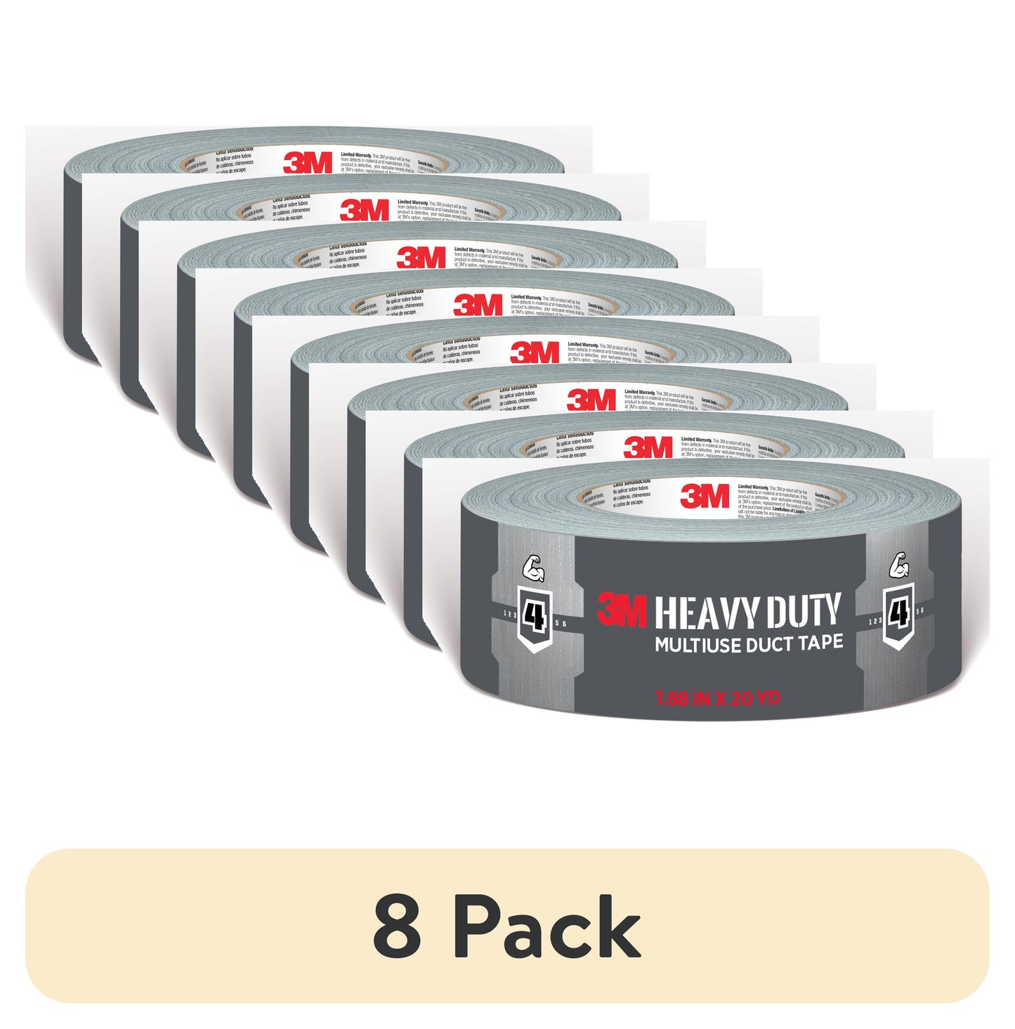 (8 pack) 3M Heavy Duty Duct Tape, Grey, Multipurpose, 1.88 in. x 20 yd., 1 Roll