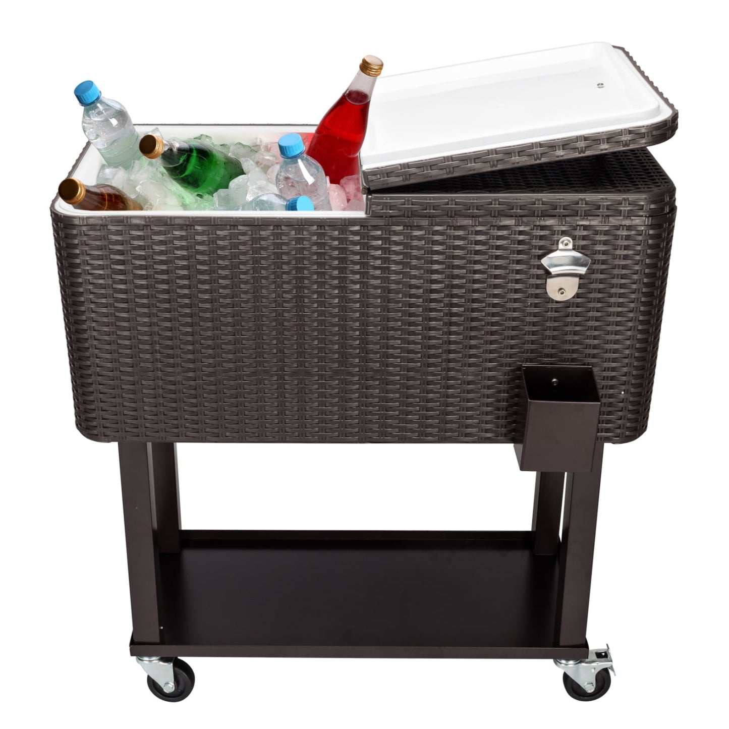 80Qt Freezer Incubator Cart, Movable Refrigerated Heat Preservation Trunk, Rolling Cooler Camper Storage Freezer with Bottom Tray Drain Pipe 2 Locking Casters and Bottle Opener, Frozen Drink Trunk